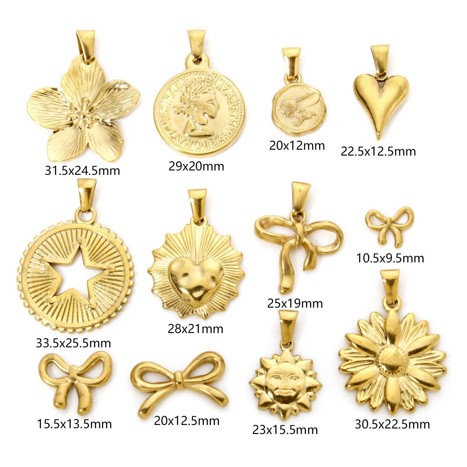 Image de 2 Pcs Pendentif Breloque en 304 Acier Inoxydable Nœuds Papillon Doré Fleurs de Soleil