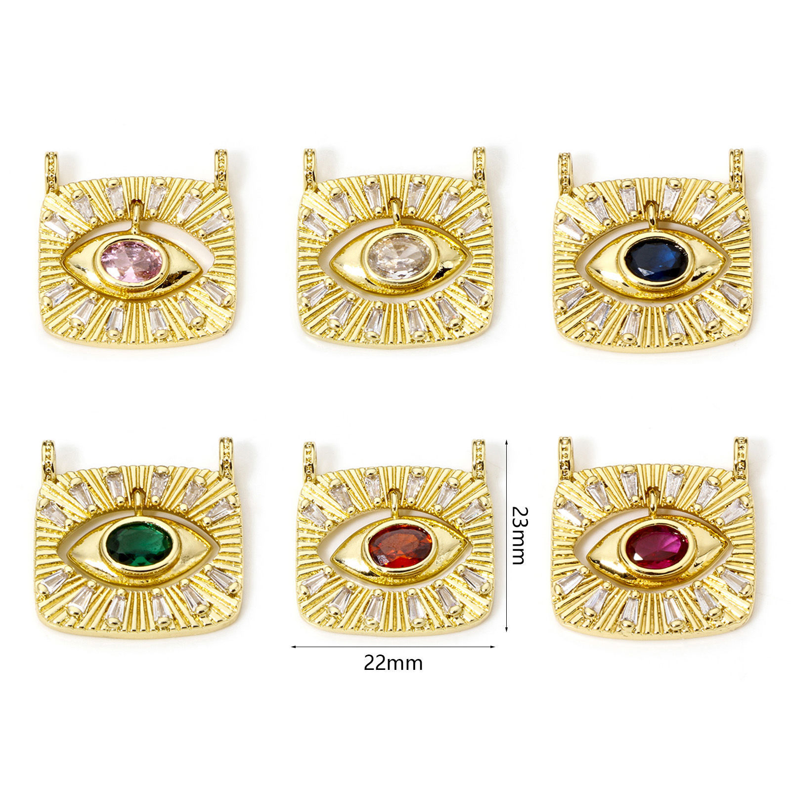 Immagine di 1 Pz Ecologico Ottone Religione Ciondoli Accessori Rettangolo Occhi Disegno 18K Vero Oro Placcato Micro Spianare Multicolore Strass Trasparente Cubic Zirconiae 23mm x 22mm
