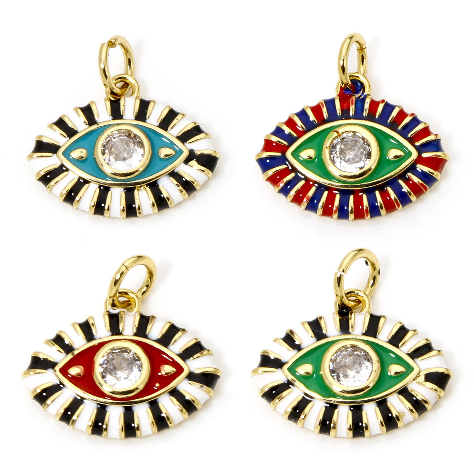 Picture of Eco-friendly Brass Pendants 18K Real Gold Plated Multicolor Eye Enamel Clear Cubic Zirconia 16mm x 15.5mm