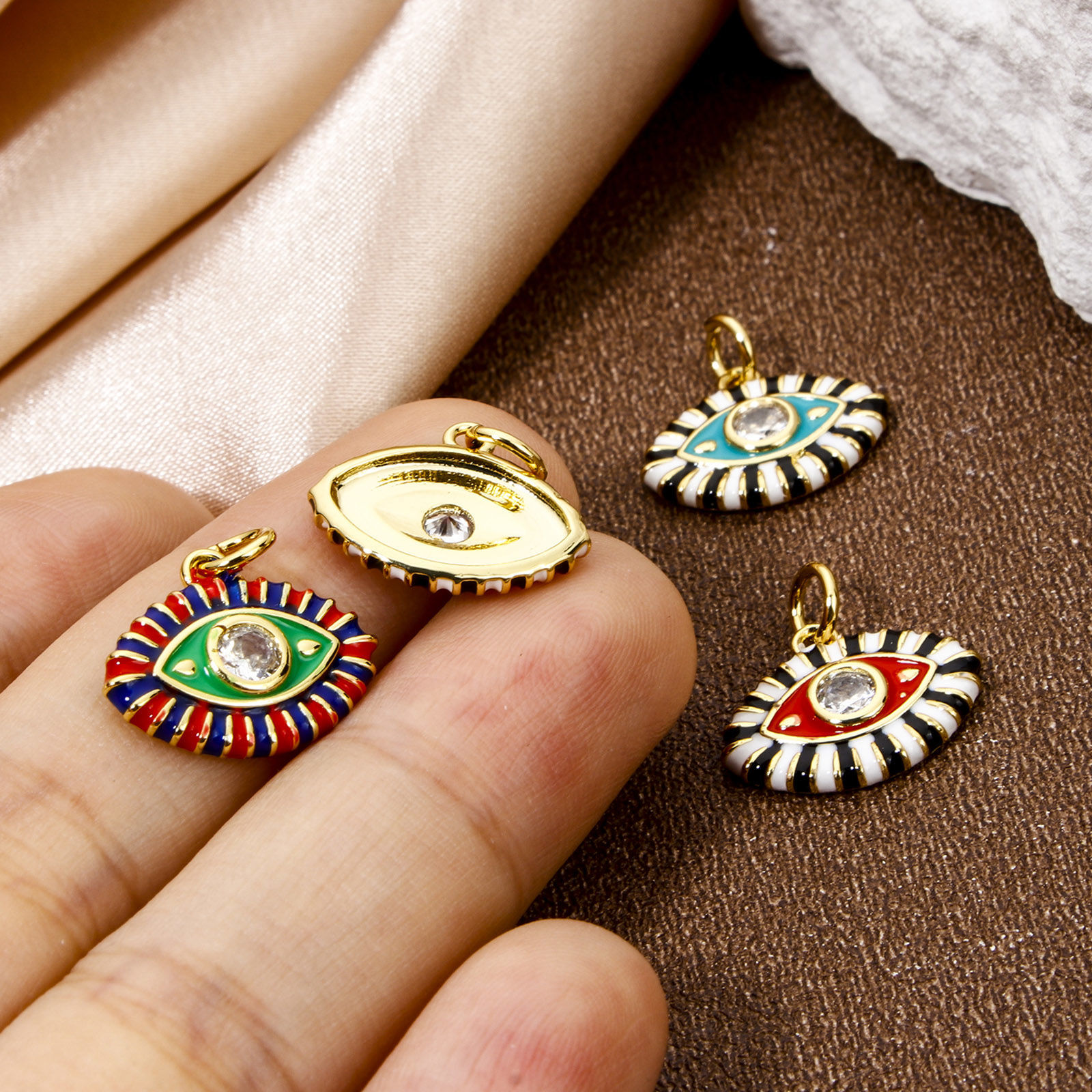 Picture of Eco-friendly Brass Pendants 18K Real Gold Plated Multicolor Eye Enamel Clear Cubic Zirconia 16mm x 15.5mm