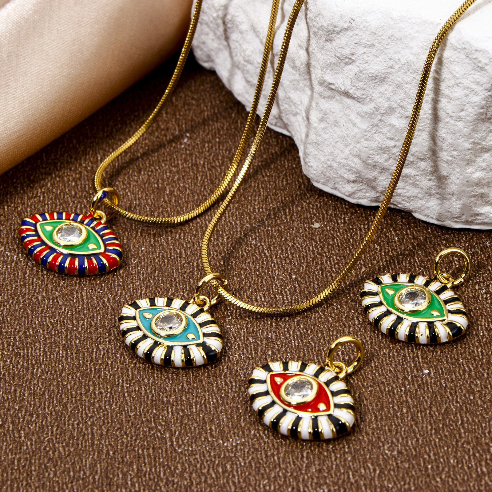 Picture of Eco-friendly Brass Pendants 18K Real Gold Plated Multicolor Eye Enamel Clear Cubic Zirconia 16mm x 15.5mm