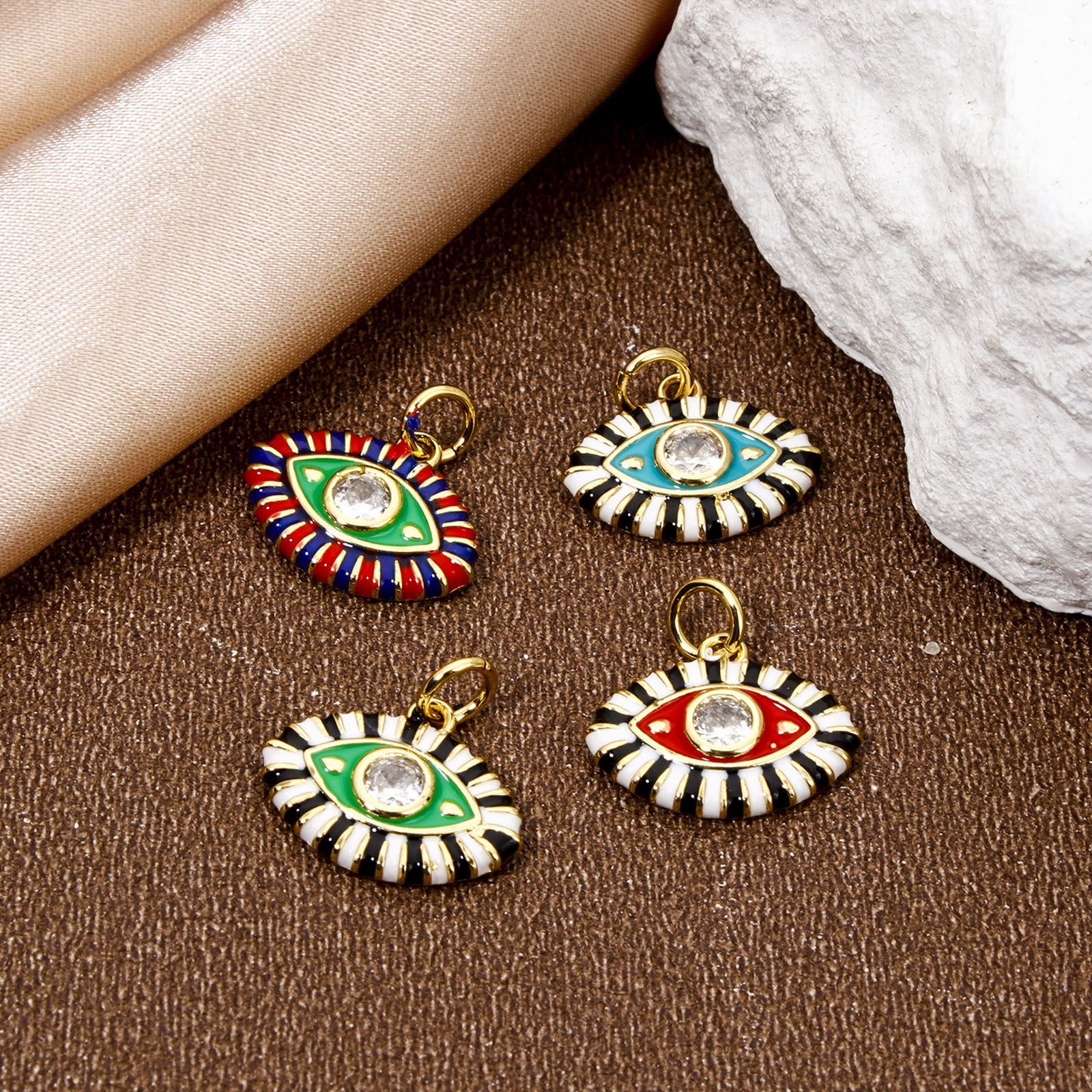 Picture of Eco-friendly Brass Pendants 18K Real Gold Plated Multicolor Eye Enamel Clear Cubic Zirconia 16mm x 15.5mm