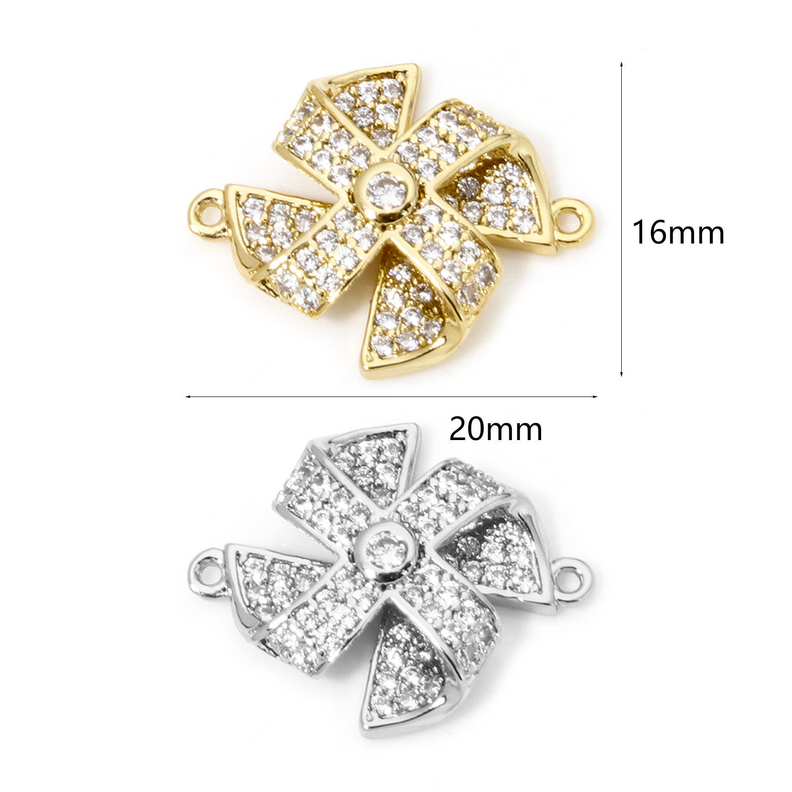 Picture of Eco-friendly Brass Micro Pave Connectors Charms Pendants Windmill Real Gold Plated 3D Clear Cubic Zirconia 20mm x 16mm