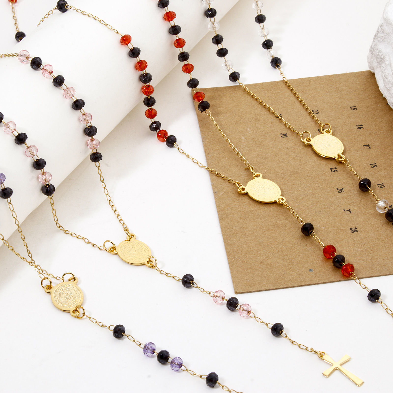 Picture of 304 Stainless Steel Religious Prayer Beads Rosary Necklace Gold Plated Cross Virgin Mary 52cm(20.5") long