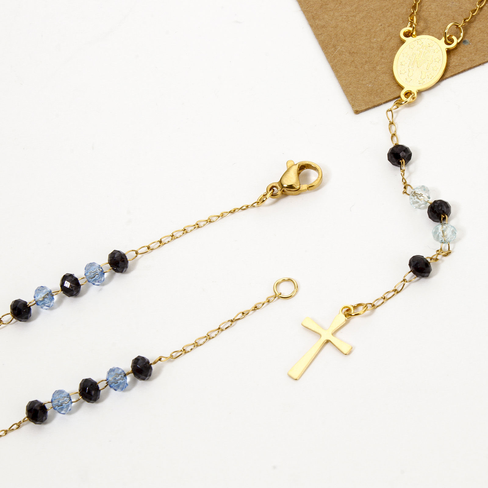 Picture of 304 Stainless Steel Religious Prayer Beads Rosary Necklace Gold Plated Cross Virgin Mary 52cm(20.5") long