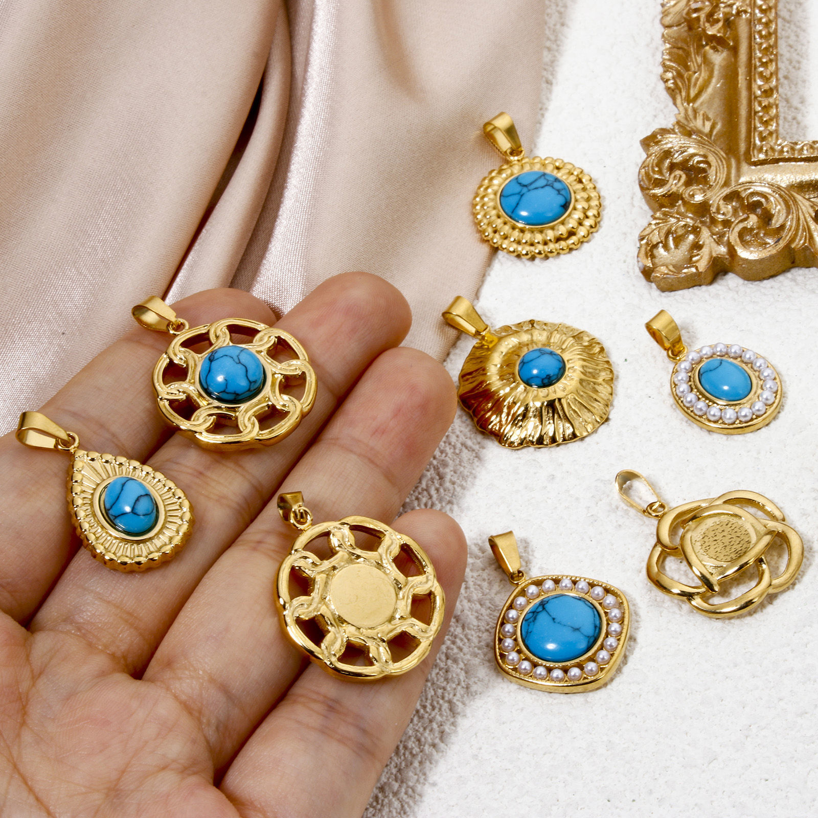 Image de 1 Pièce Pendentif Breloque en 304 Acier Inoxydable Géométrique Plaqué Or 18K Bleu Imitation Turquoise