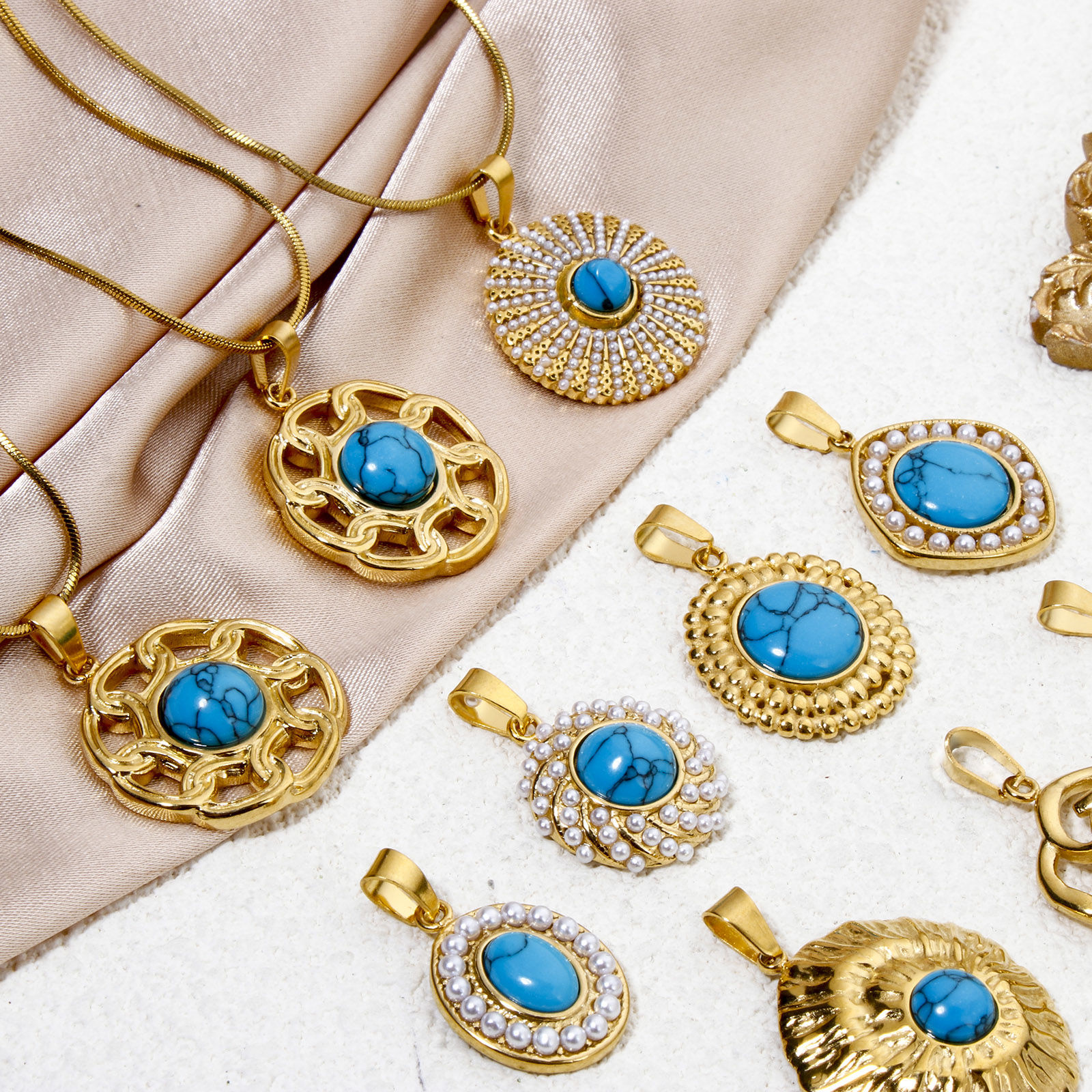 Image de 1 Pièce Pendentif Breloque en 304 Acier Inoxydable Géométrique Plaqué Or 18K Bleu Imitation Turquoise