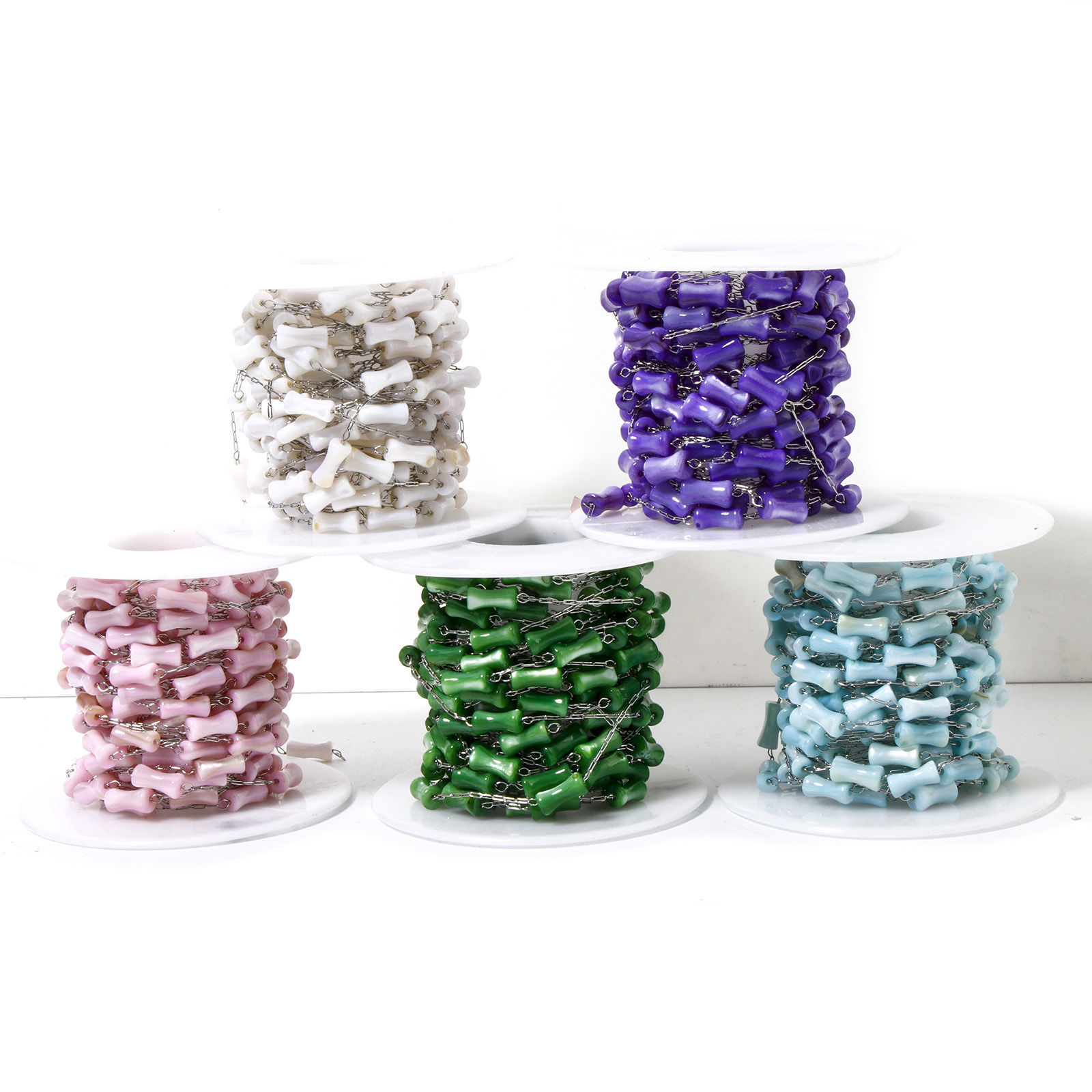 Picture of 304 Stainless Steel & Natural Shell Beaded Chain For Handmade DIY Jewelry Making Findings Bamboo-shaped Silver Tone 4mm