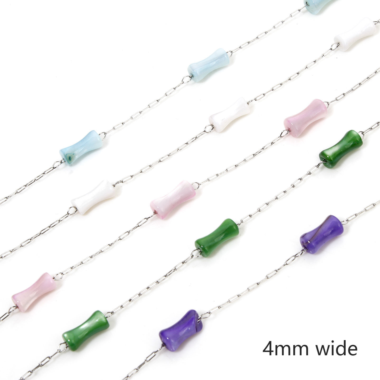 Picture of 304 Stainless Steel & Natural Shell Beaded Chain For Handmade DIY Jewelry Making Findings Bamboo-shaped Silver Tone 4mm