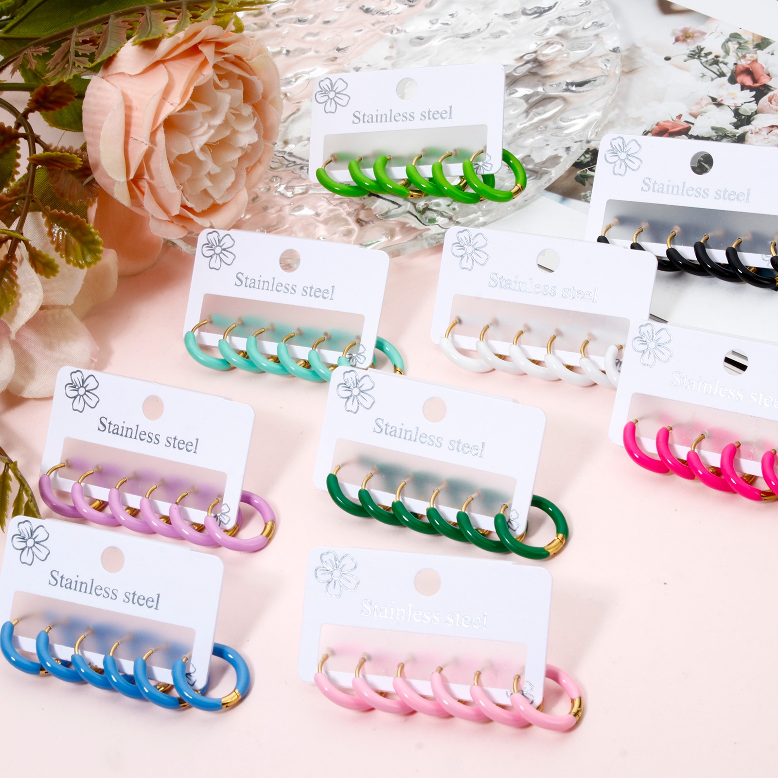 Picture of 304 Stainless Steel Ear Post Stud Earrings Set 18K Gold Plated Oval Enamel 17.5mm x