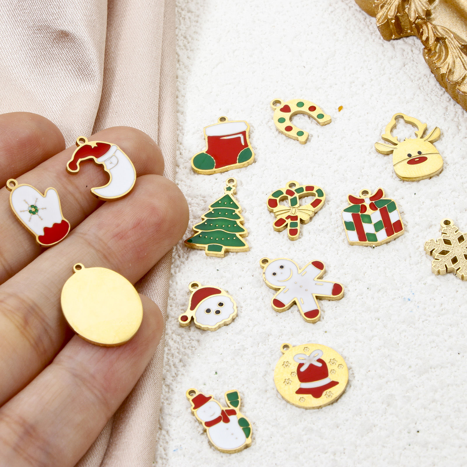 Picture of Eco-friendly Vacuum Plating 304 Stainless Steel Charms 14K Real Gold Plated Multicolor Christmas Santa Claus Christmas Tree Enamel