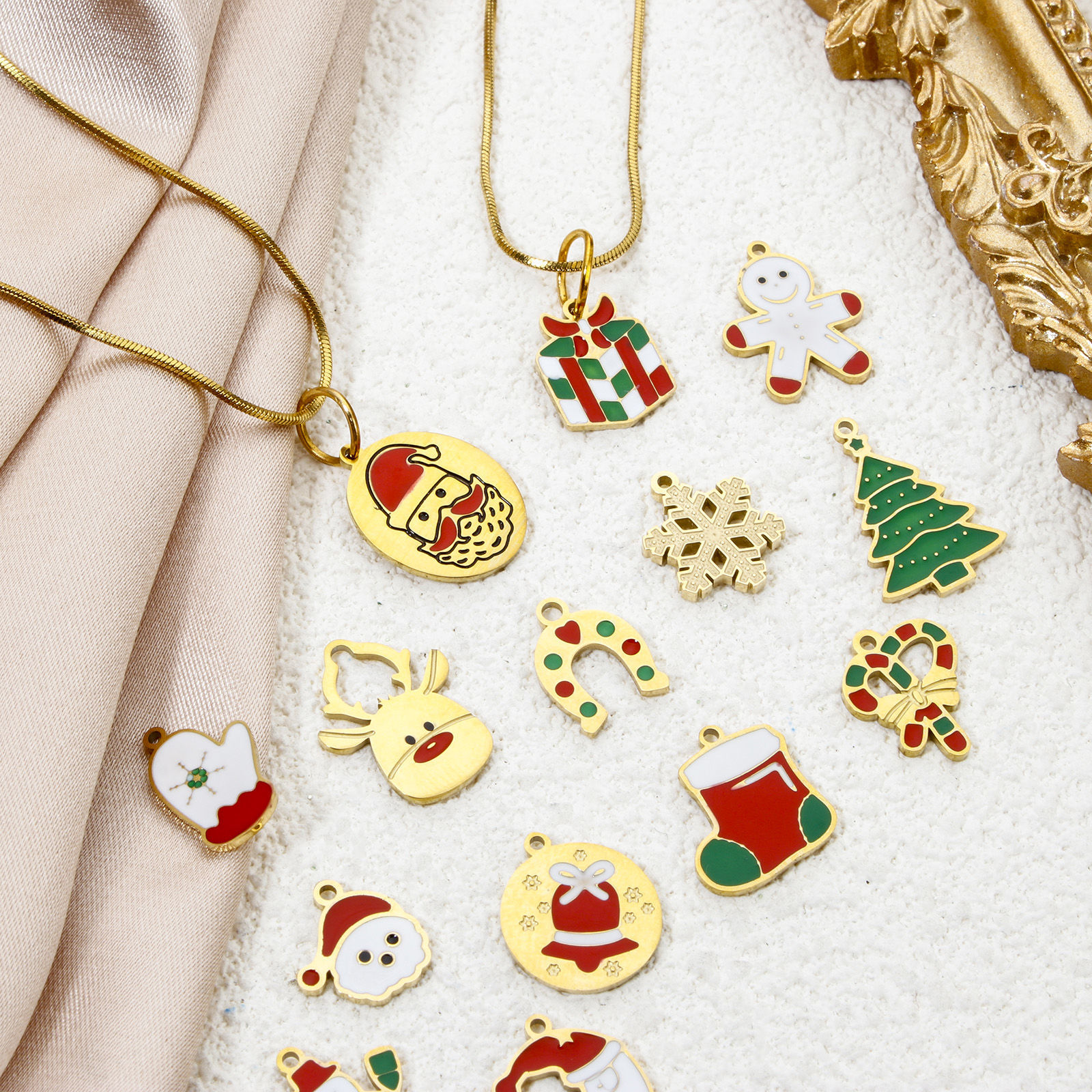 Picture of Eco-friendly Vacuum Plating 304 Stainless Steel Charms 14K Real Gold Plated Multicolor Christmas Santa Claus Christmas Tree Enamel