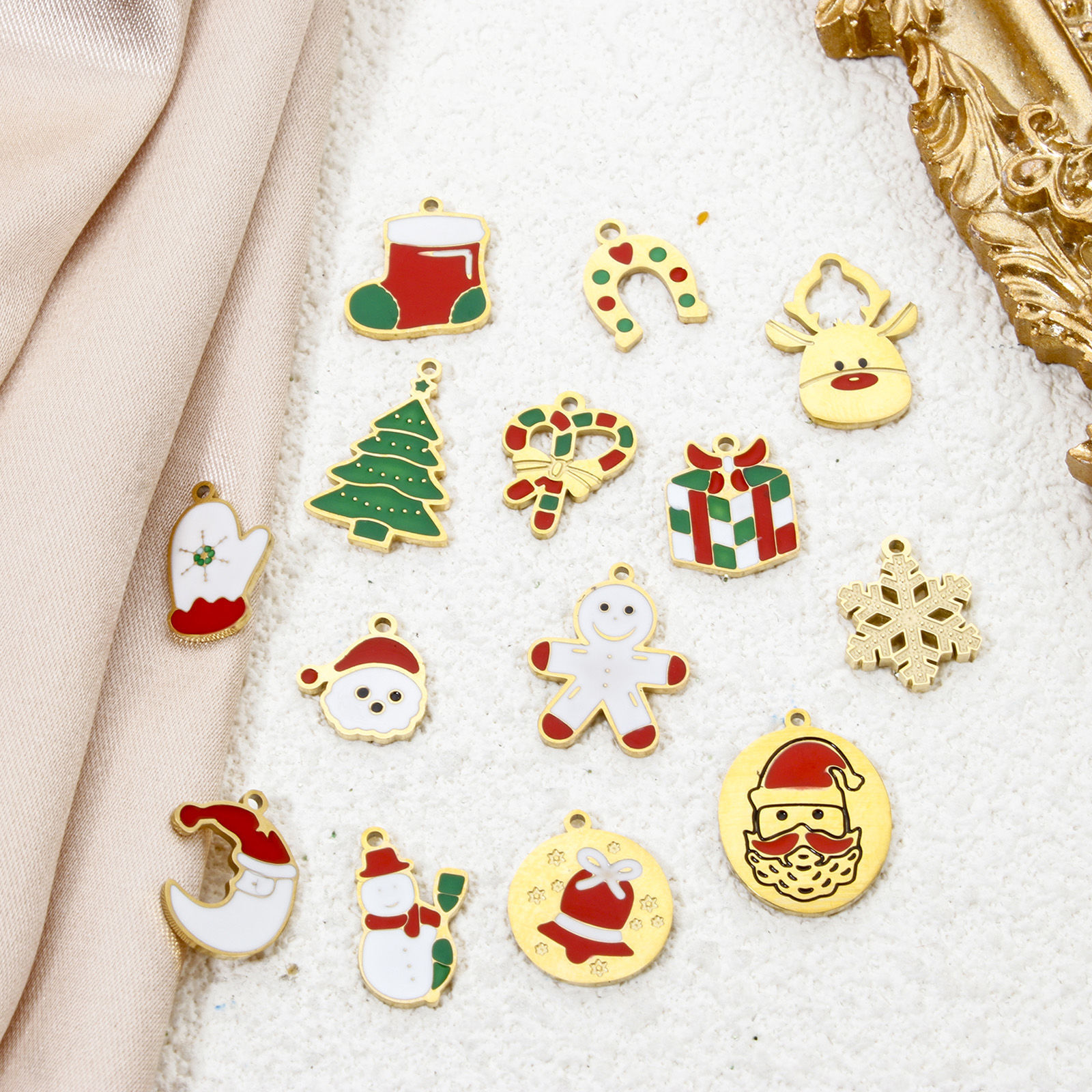 Picture of Eco-friendly Vacuum Plating 304 Stainless Steel Charms 14K Real Gold Plated Multicolor Christmas Santa Claus Christmas Tree Enamel