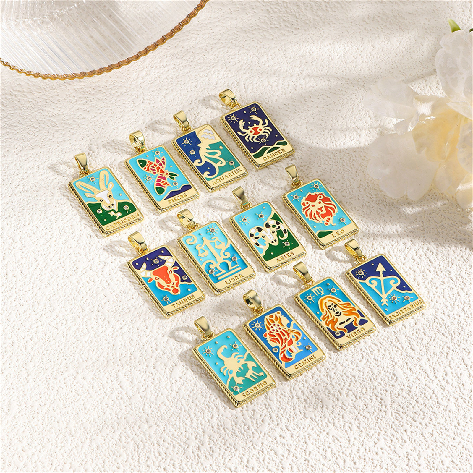 Picture of Brass Pendants 18K Gold Plated Multicolor Rectangle Constellation Enamel 3.2cm x 1.5cm