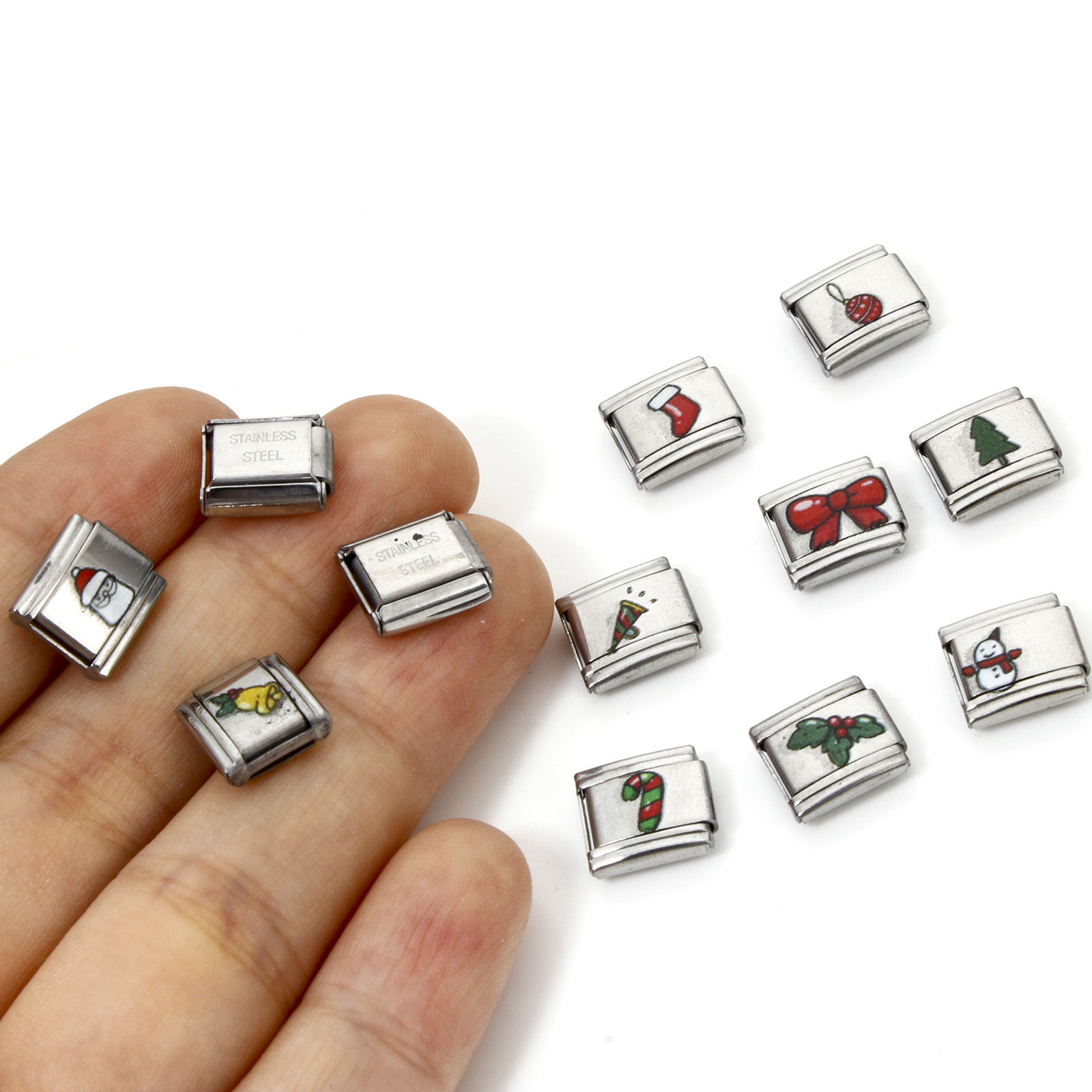 Image de 2 Pcs Bracelet à Maillons Breloques Italiens Accessories de Fabrication de Bracelets Bijoux DIY Noël en 304 Acier Inoxydable Argent Mat Rectangle 10mm x 9mm