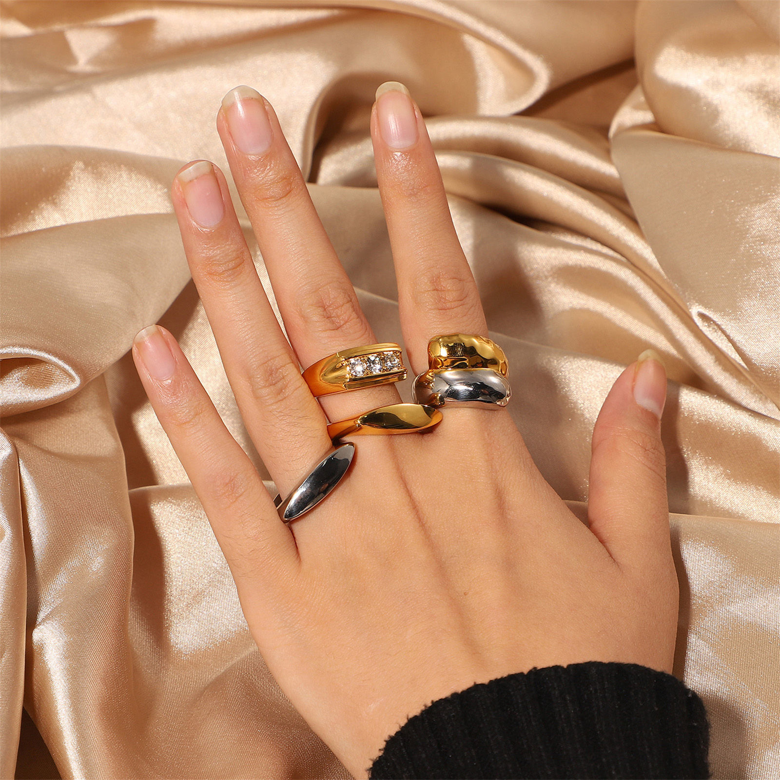 Изображение 1 ШТ Экологичный Инс Стиль 18K настоящее золото с покрытием + Серебряный Тон 304 Нержавеющая Сталь Нерегулируемый Кольца 17.3мм(Американский Размер 7)