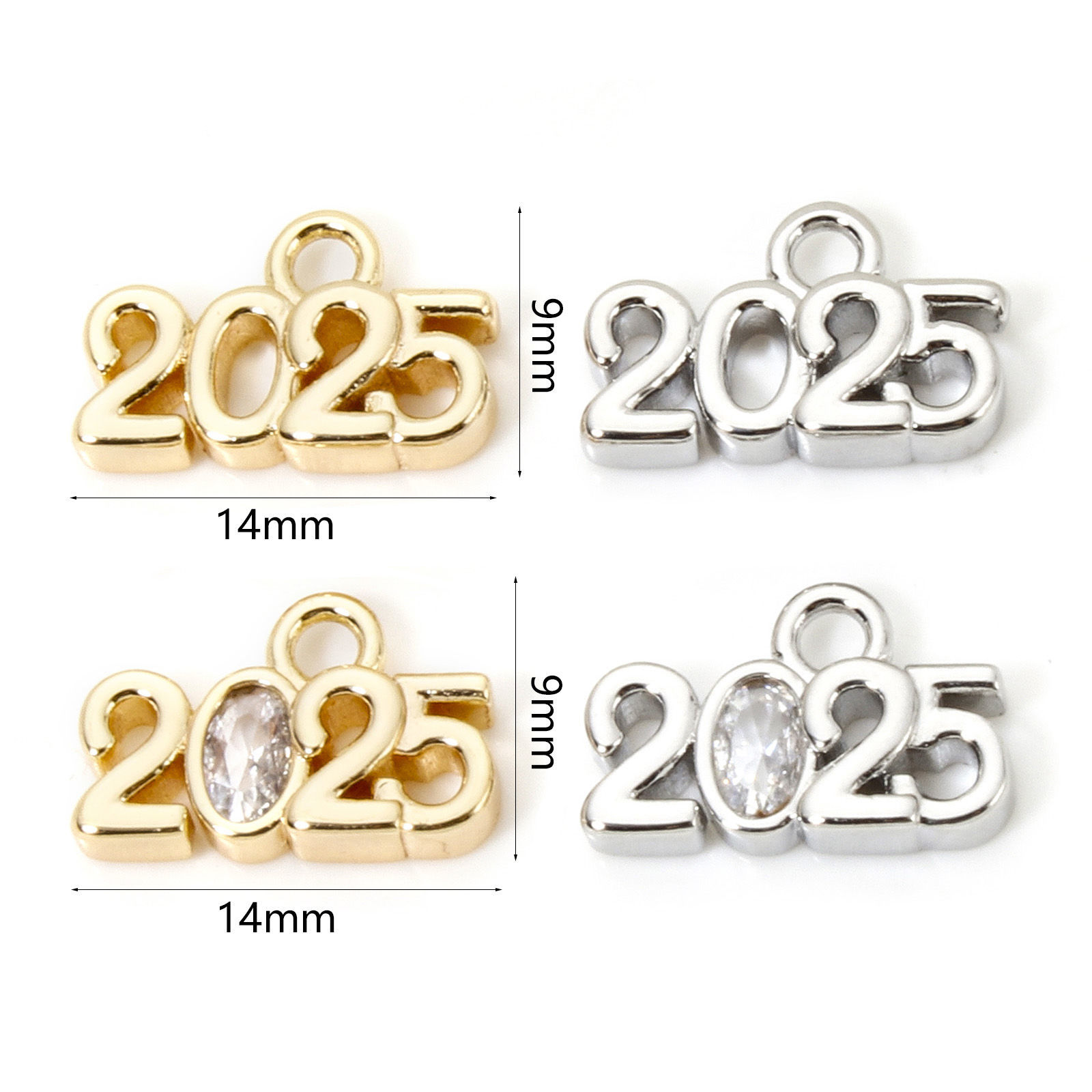 Image de 2 Pcs Breloques Année en Laiton Respectueux de la Nature Plaqué Or Véritable Mots" 2025 " 14mm x 9mm