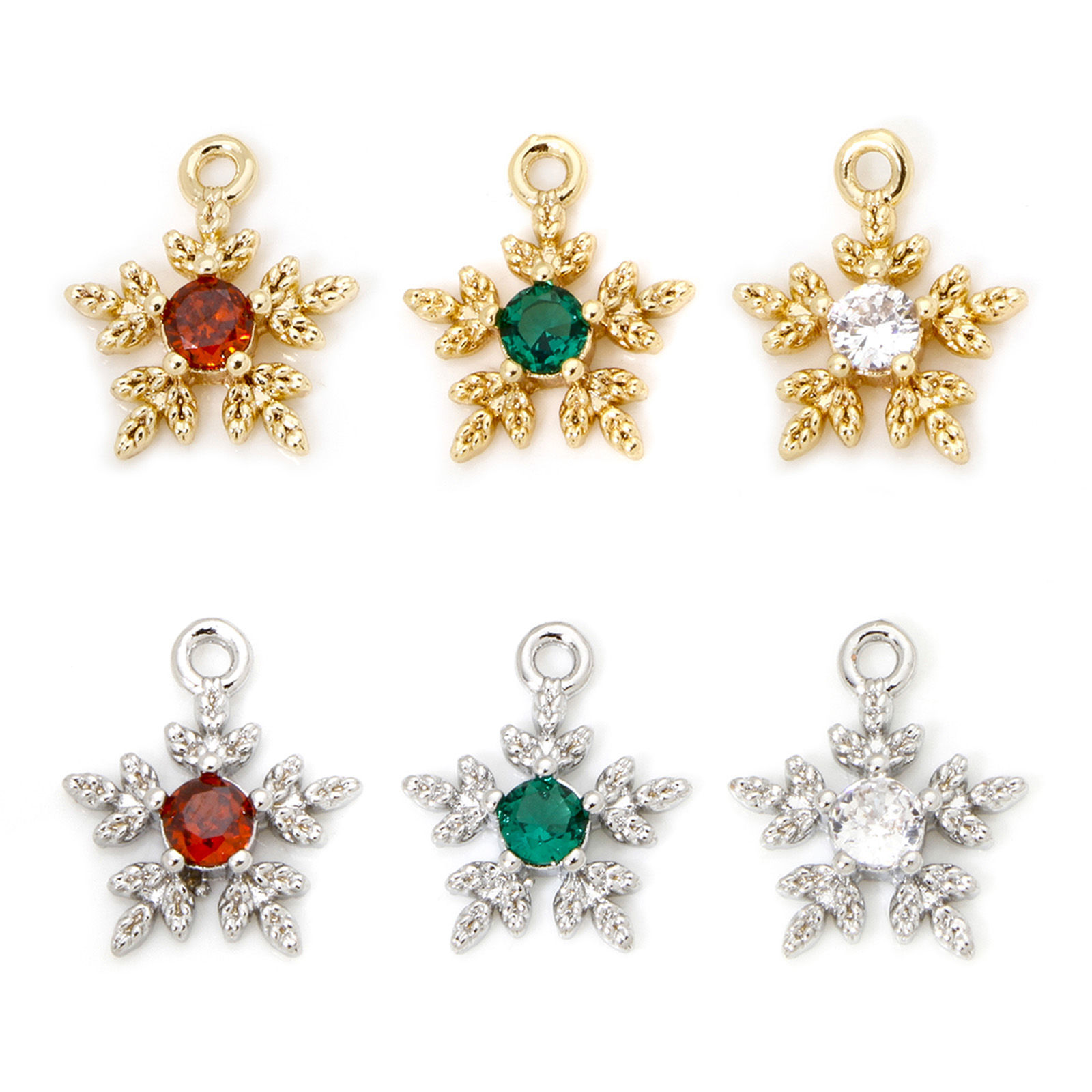 Image de 2 Pcs Breloques Collection de Météo en Laiton Respectueux de la Nature Flocon de Neige de Noël Plaqué Or Véritable 12mm x 10mm