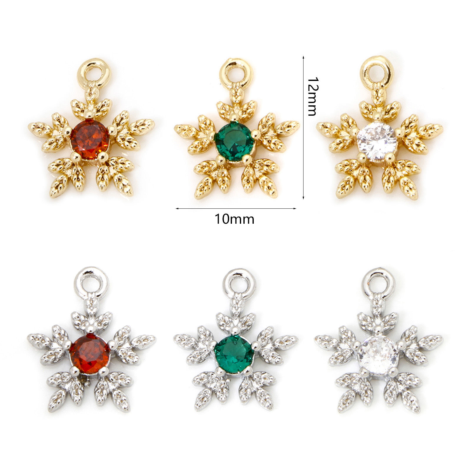 Image de 2 Pcs Breloques Collection de Météo en Laiton Respectueux de la Nature Flocon de Neige de Noël Plaqué Or Véritable 12mm x 10mm