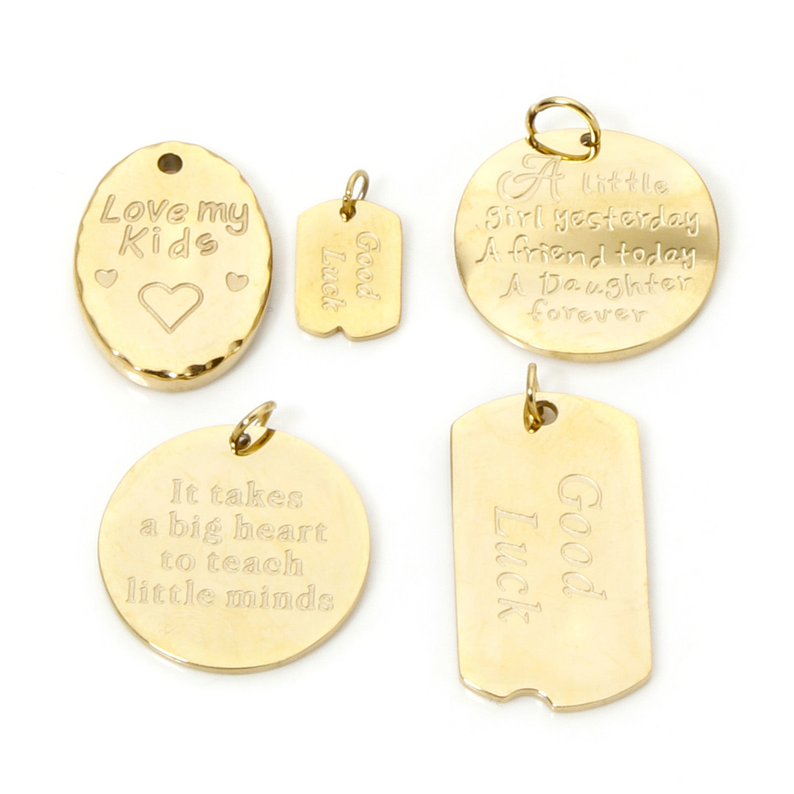 Picture of Eco-friendly Vacuum Plating 304 Stainless Steel Charms 18K Real Gold Plated Round Oval Message " Goodluck "