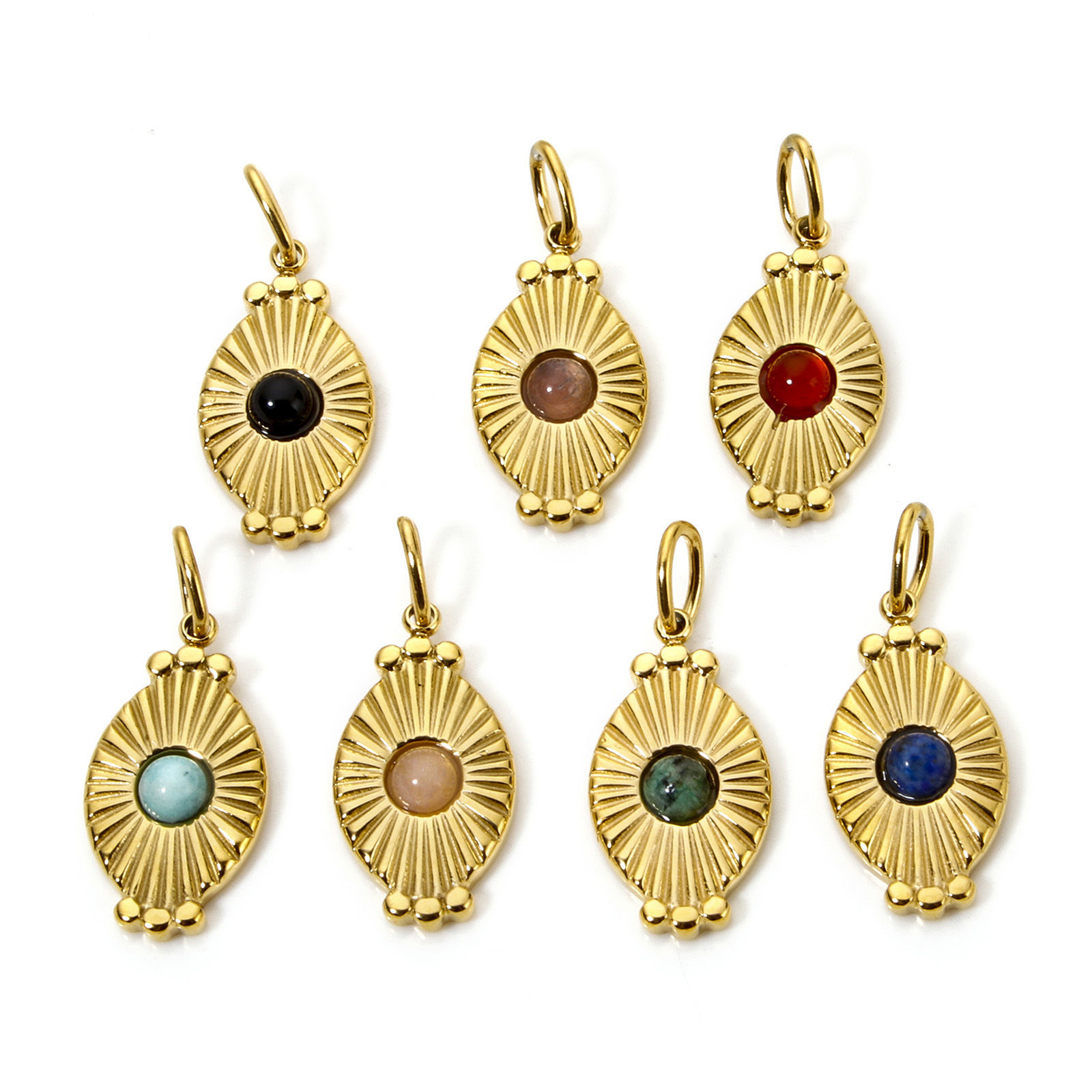 Picture of Eco-friendly Vacuum Plating 304 Stainless Steel Charms 18K Real Gold Plated Multicolor Oval Sun Rays With Resin Cabochons 26mm x 11mm
