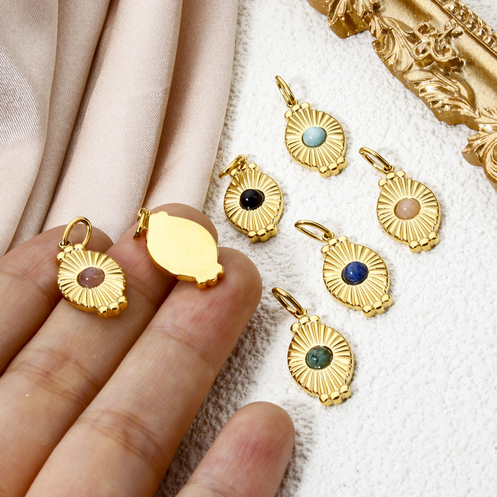 Picture of Eco-friendly Vacuum Plating 304 Stainless Steel Charms 18K Real Gold Plated Multicolor Oval Sun Rays With Resin Cabochons 26mm x 11mm