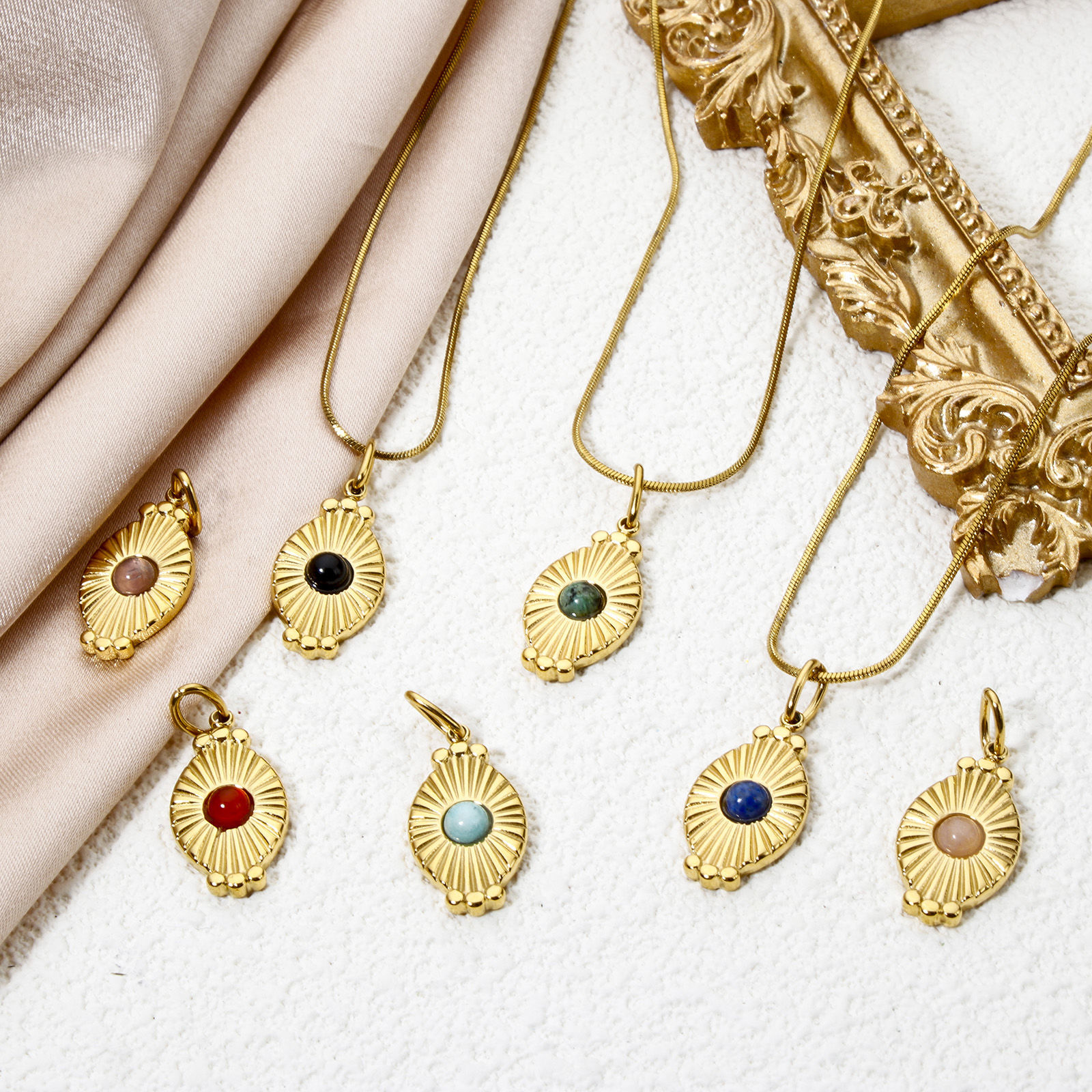 Picture of Eco-friendly Vacuum Plating 304 Stainless Steel Charms 18K Real Gold Plated Multicolor Oval Sun Rays With Resin Cabochons 26mm x 11mm