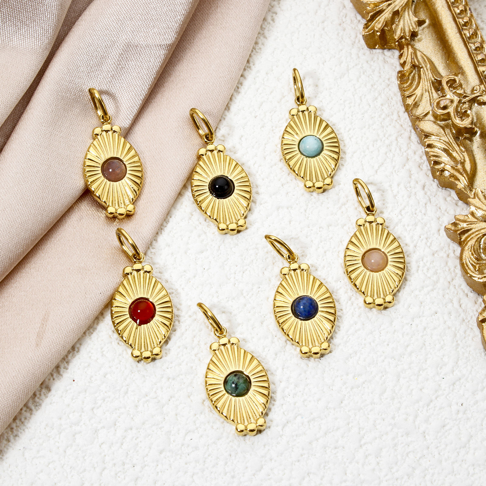 Picture of Eco-friendly Vacuum Plating 304 Stainless Steel Charms 18K Real Gold Plated Multicolor Oval Sun Rays With Resin Cabochons 26mm x 11mm