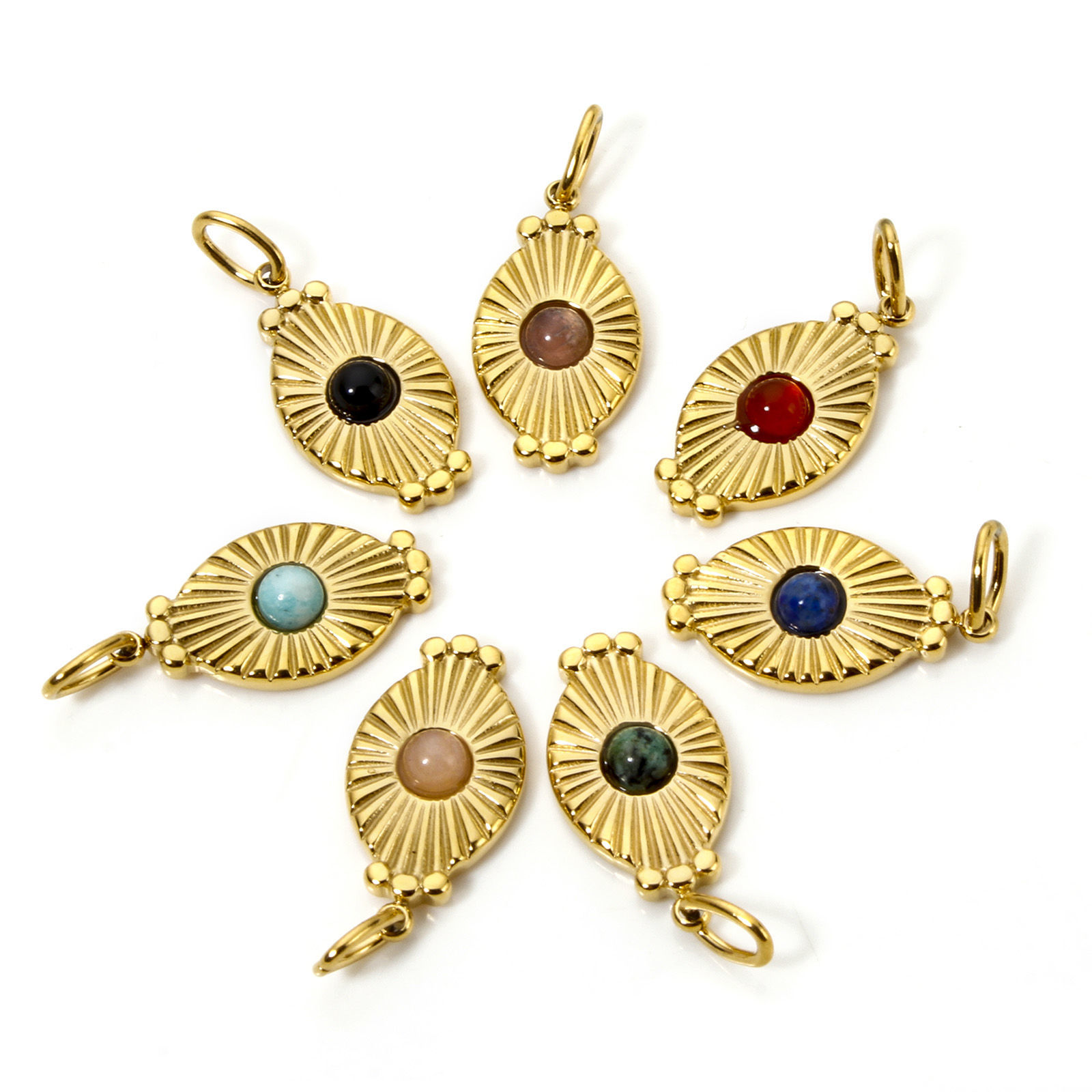 Picture of Eco-friendly Vacuum Plating 304 Stainless Steel Charms 18K Real Gold Plated Multicolor Oval Sun Rays With Resin Cabochons 26mm x 11mm