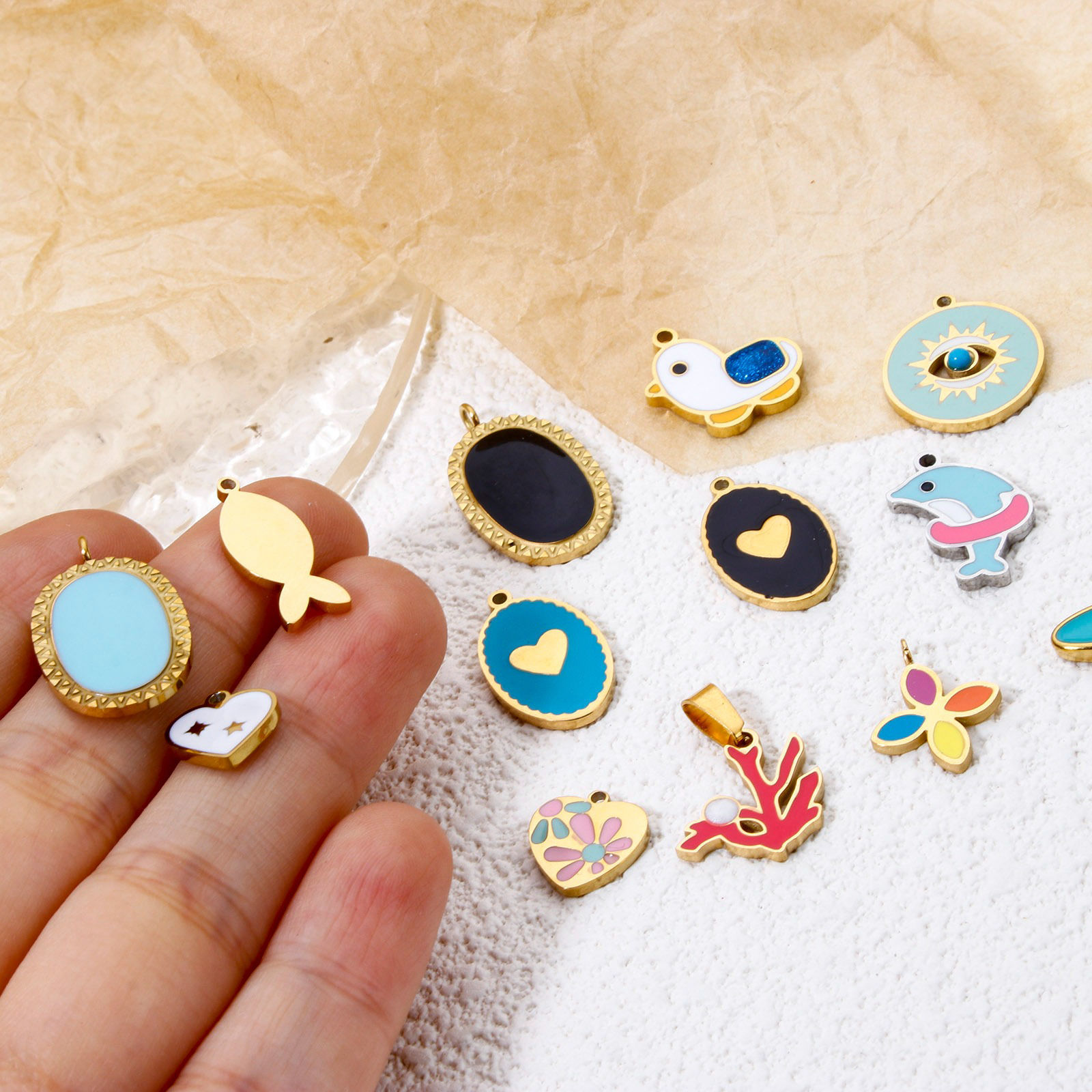 Immagine di 2 Pz Placcatura Sottovuoto Ecologica 304 Acciaio Inossidabile Ciondoli Delfino Oro Placcato Multicolore Malocchio Smalto