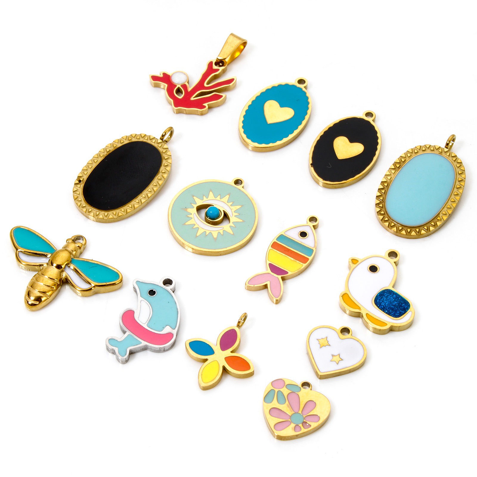 Immagine di 2 Pz Placcatura Sottovuoto Ecologica 304 Acciaio Inossidabile Ciondoli Delfino Oro Placcato Multicolore Malocchio Smalto