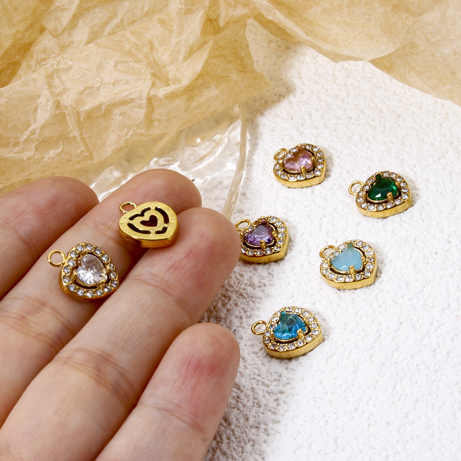 Picture of Eco-friendly Vacuum Plating 304 Stainless Steel Valentine's Day Charms Gold Plated Heart Multicolour Cubic Zirconia 13mm x 10mm