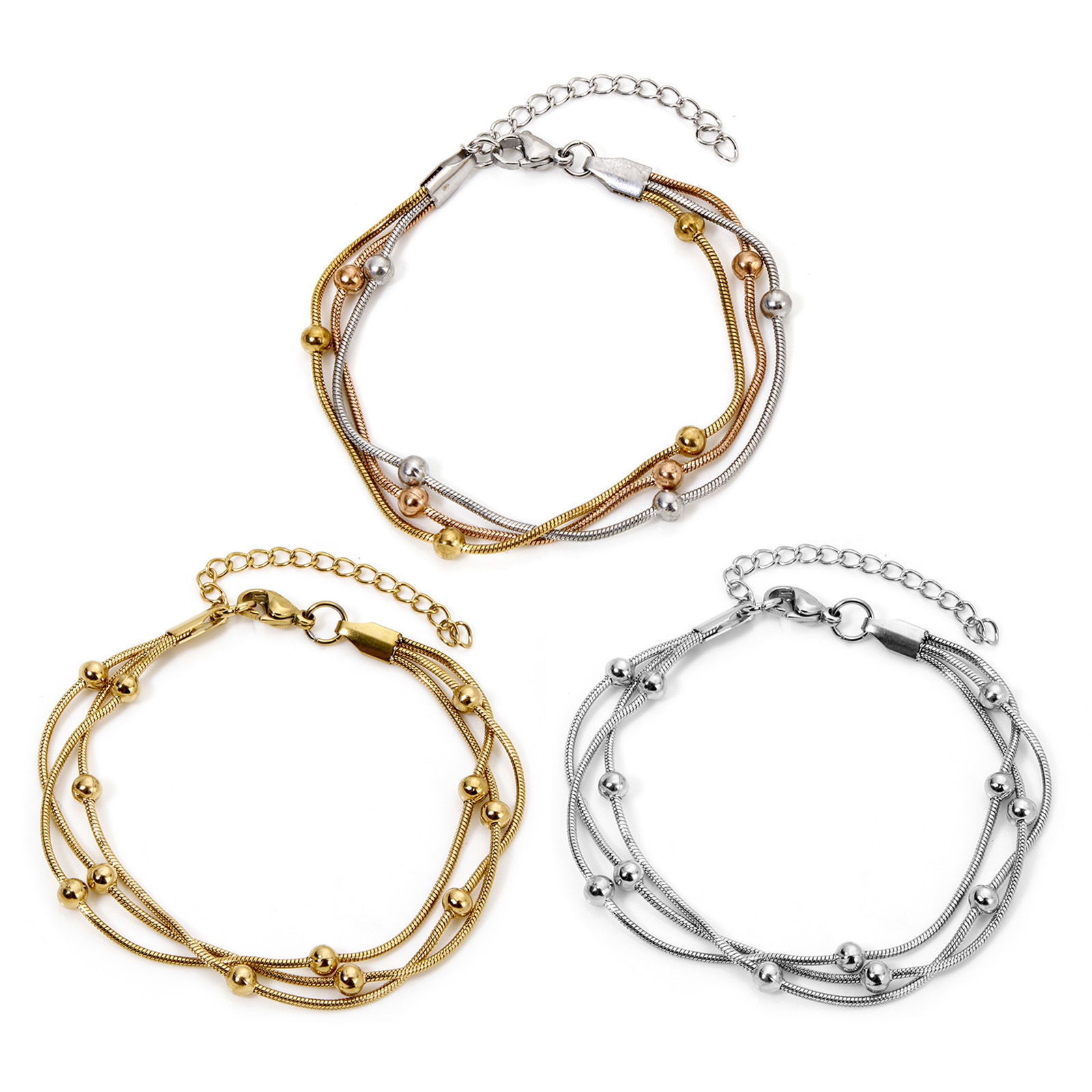Image de 1 Pièce Bracelet Multicouche Chaîne Maille Serpent en 304 Acier Inoxydable avec Fermoir Mousqueton et Chaîne d'Extension 17cm long