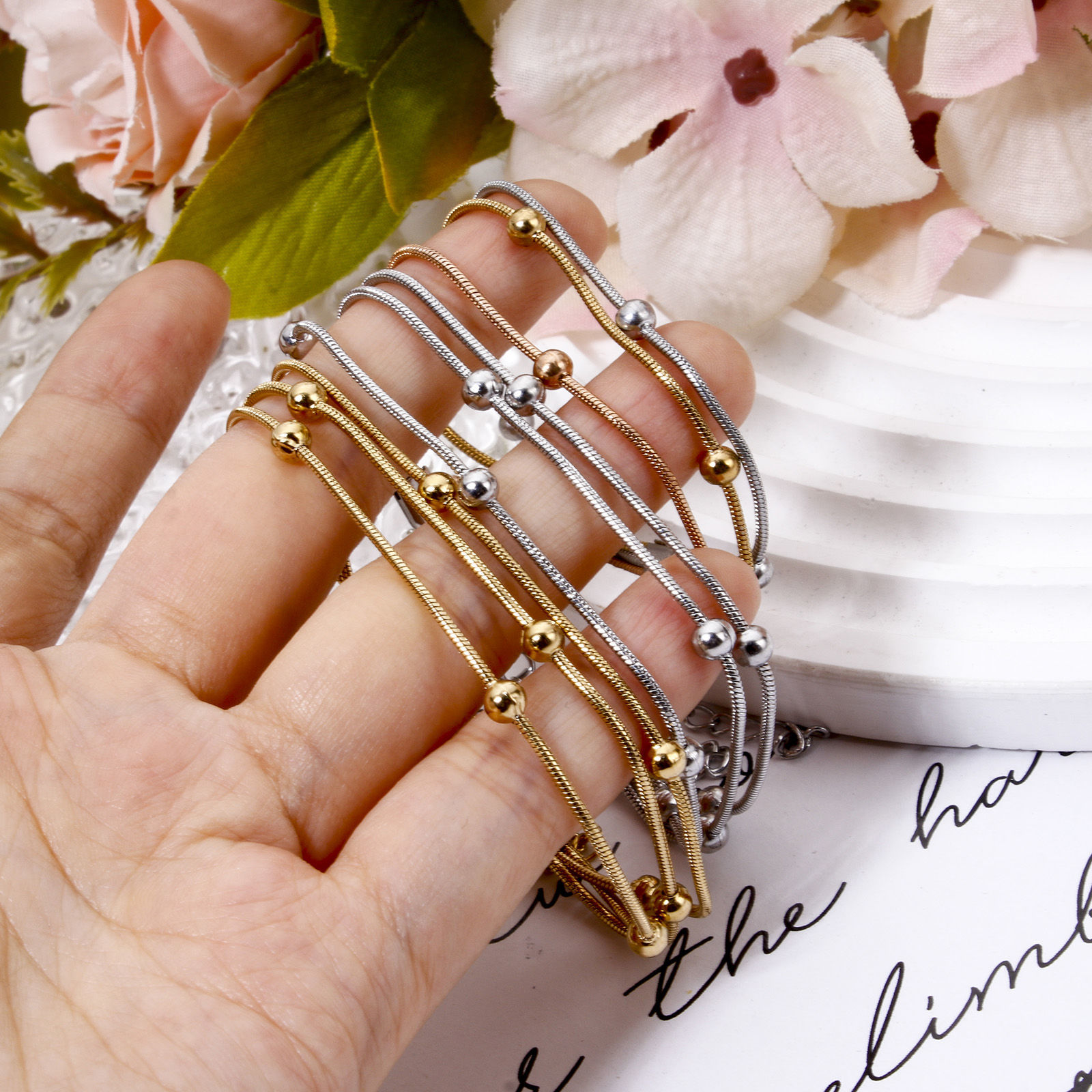 Image de 1 Pièce Bracelet Multicouche Chaîne Maille Serpent en 304 Acier Inoxydable avec Fermoir Mousqueton et Chaîne d'Extension 17cm long
