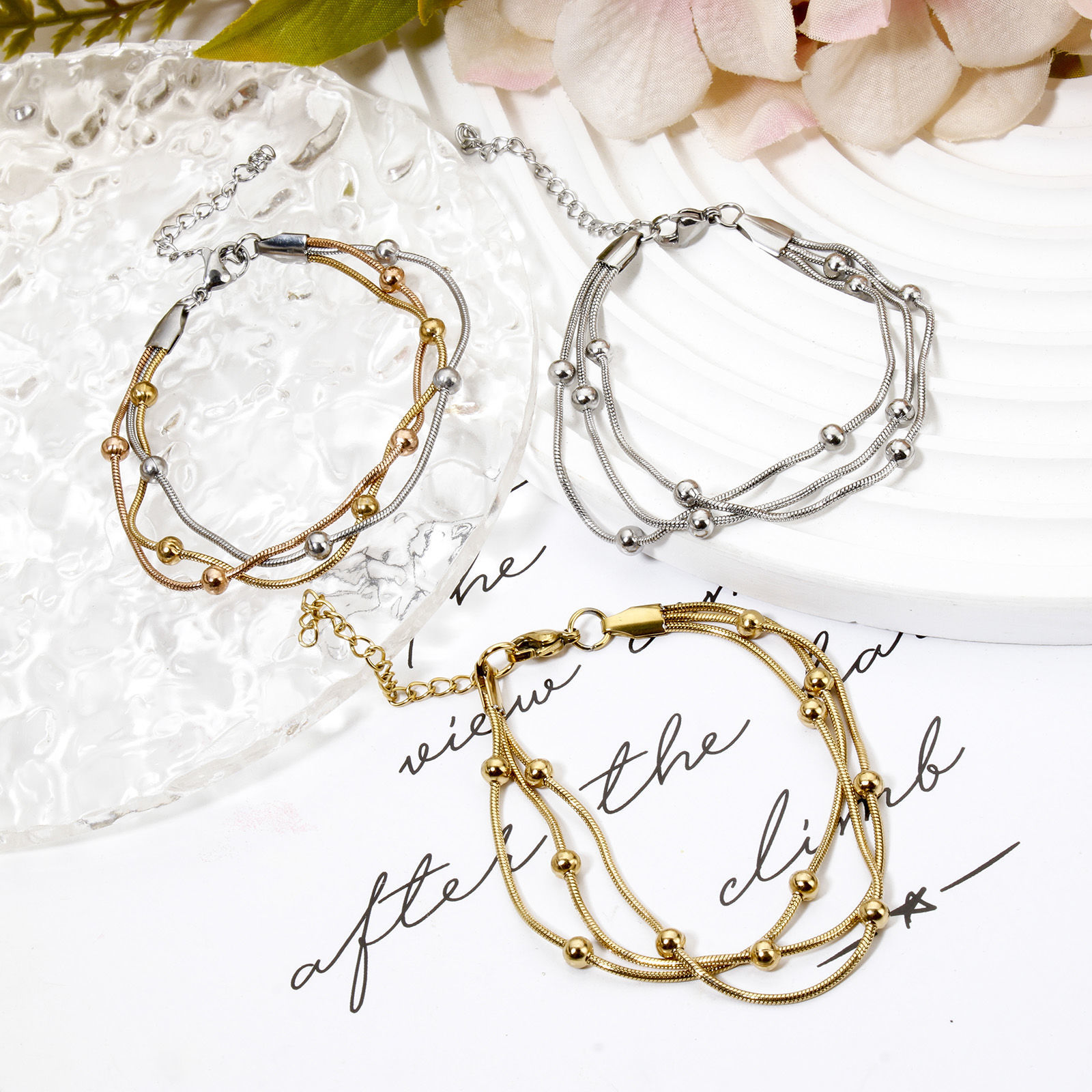 Image de 1 Pièce Bracelet Multicouche Chaîne Maille Serpent en 304 Acier Inoxydable avec Fermoir Mousqueton et Chaîne d'Extension 17cm long