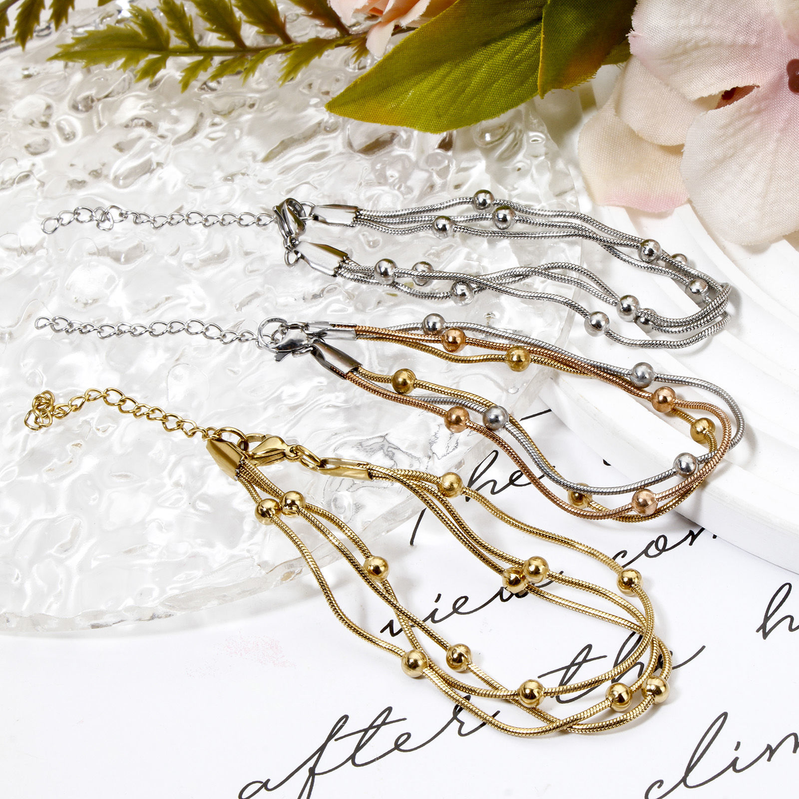 Image de 1 Pièce Bracelet Multicouche Chaîne Maille Serpent en 304 Acier Inoxydable avec Fermoir Mousqueton et Chaîne d'Extension 17cm long