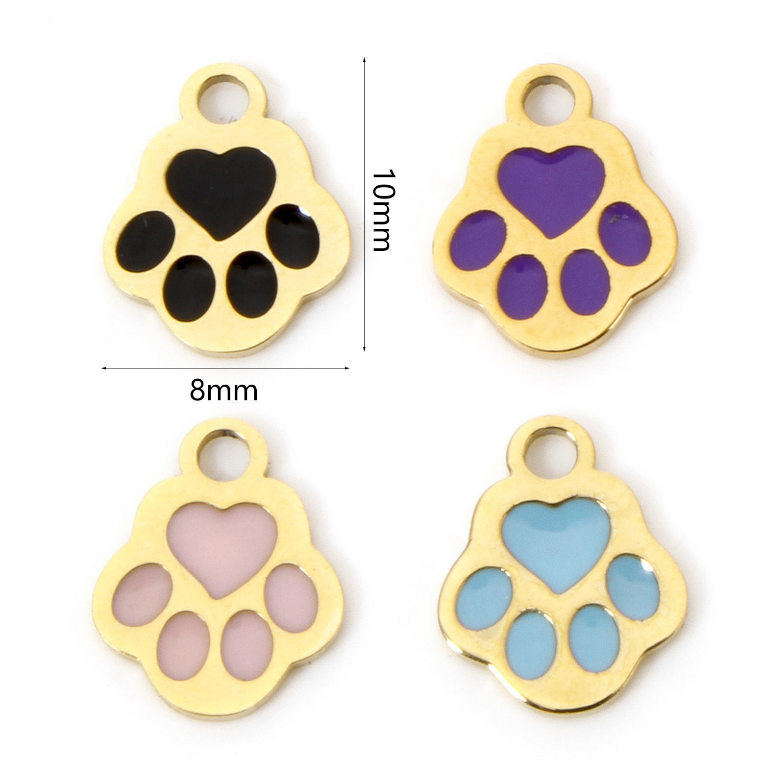 Image de 2 Pcs Breloques en 304 Acier Inoxydable Placage Sous Vide Écologique Mémorial d'Animaux Domestiques Griffe de Patte de Chien Plaqué Or 14K Multicolore Émail 10mm x 8mm