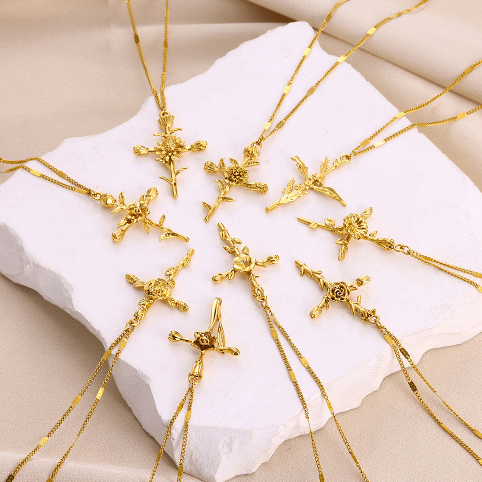 Picture of Vacuum Plating Ins Style Birth Month Flower 18K Gold Plated 304 Stainless Steel Cross Necklace For Women 40cm(15.7") long