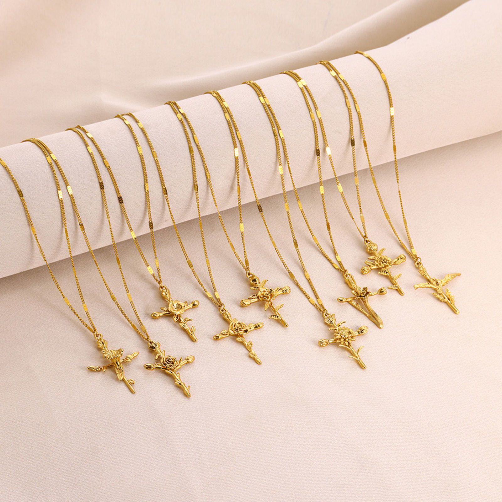 Picture of Vacuum Plating Ins Style Birth Month Flower 18K Gold Plated 304 Stainless Steel Cross Necklace For Women 40cm(15.7") long