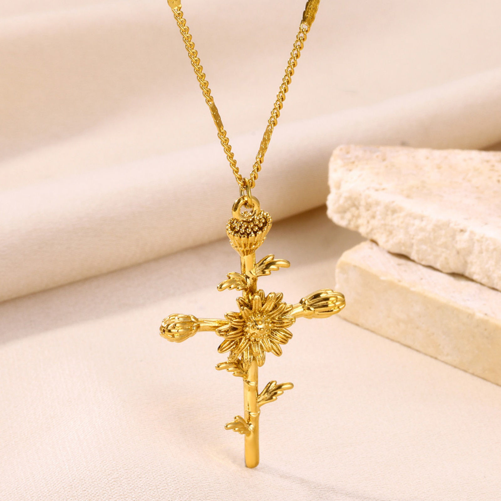 Picture of Vacuum Plating Ins Style Birth Month Flower 18K Gold Plated 304 Stainless Steel Cross Necklace For Women 40cm(15.7") long
