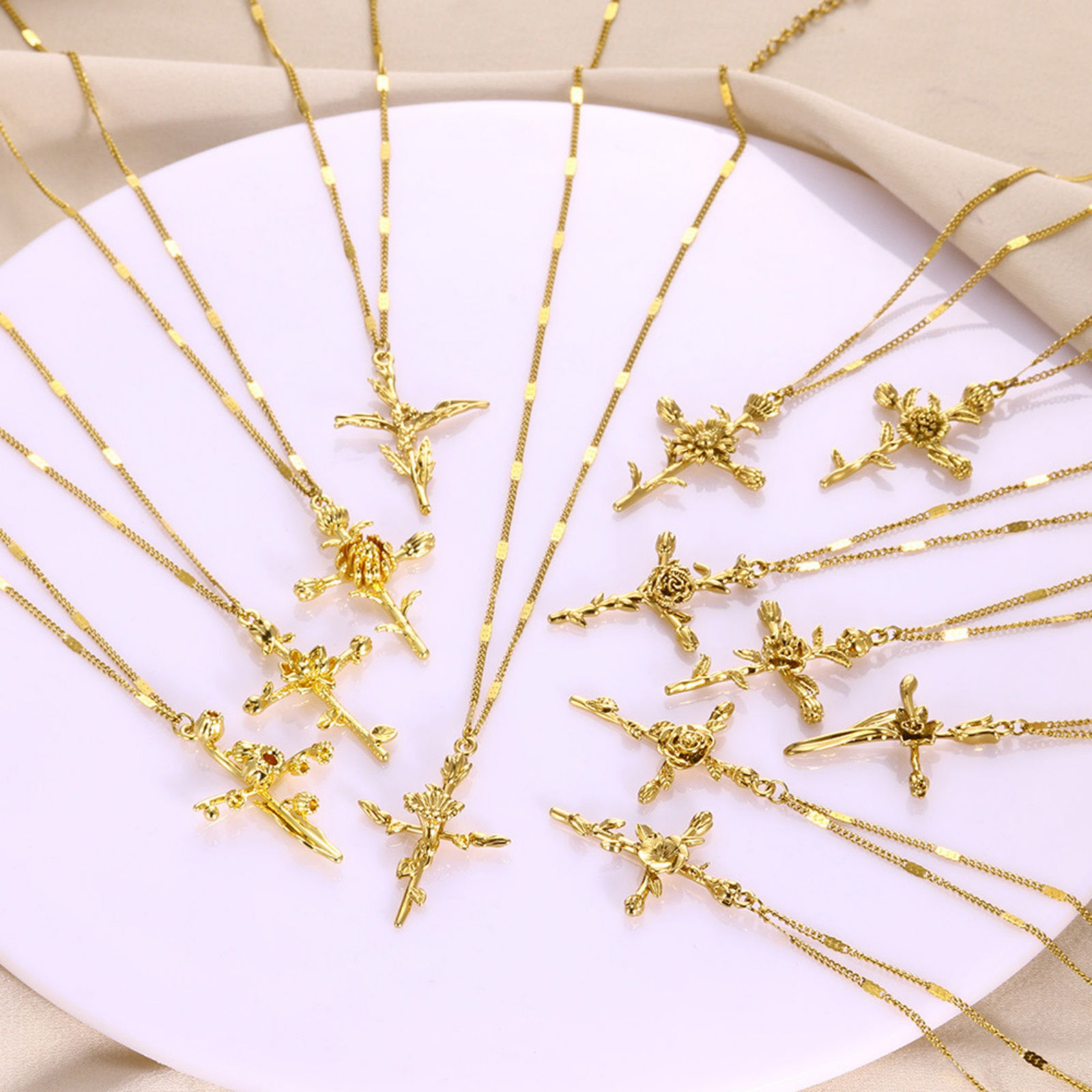 Picture of Vacuum Plating Ins Style Birth Month Flower 18K Gold Plated 304 Stainless Steel Cross Necklace For Women 40cm(15.7") long