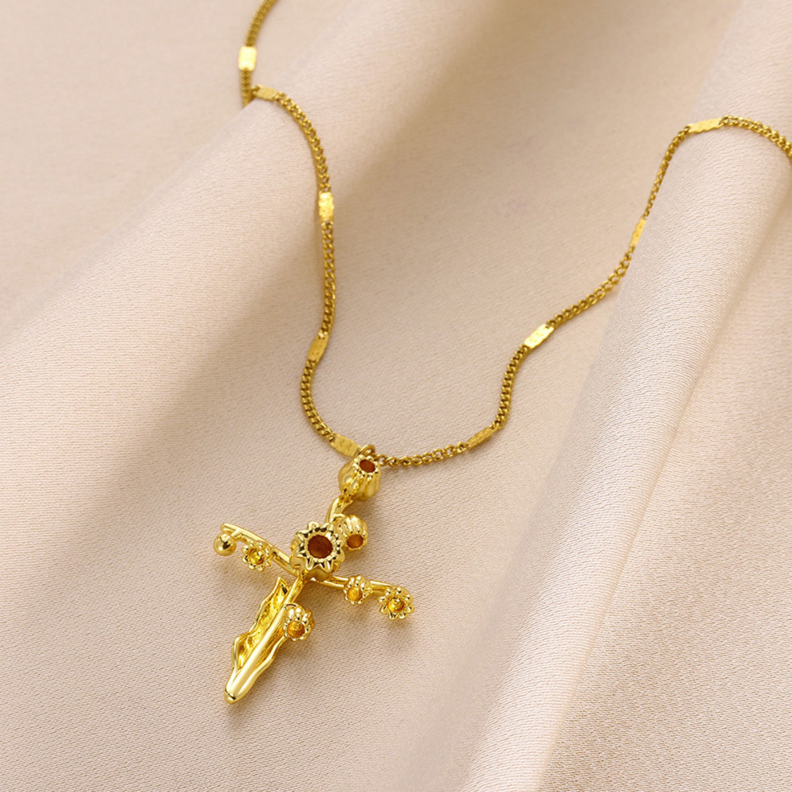 Picture of Vacuum Plating Ins Style Birth Month Flower 18K Gold Plated 304 Stainless Steel Cross Necklace For Women 40cm(15.7") long