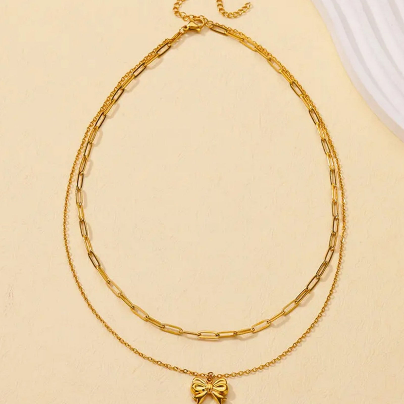 Picture of Vacuum Plating Stylish 18K Gold Plated 304 Stainless Steel Paperclip Chain Bowknot Multilayer Layered Necklace For Women 38cm(15") long