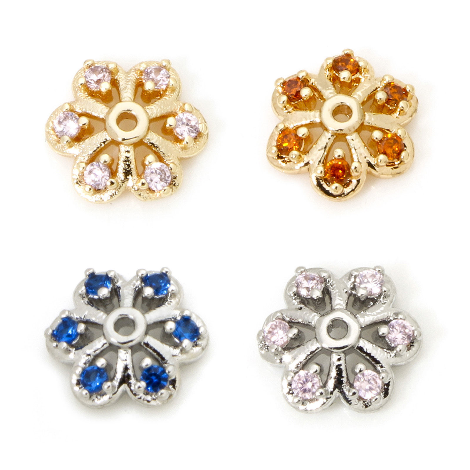 Bild von Umweltfreundlich Messing Perlkappen Blumen Echtgold plattiert Hohl Bunt Zirkonia (Passt 10mm Perle) 7mm x 7mm