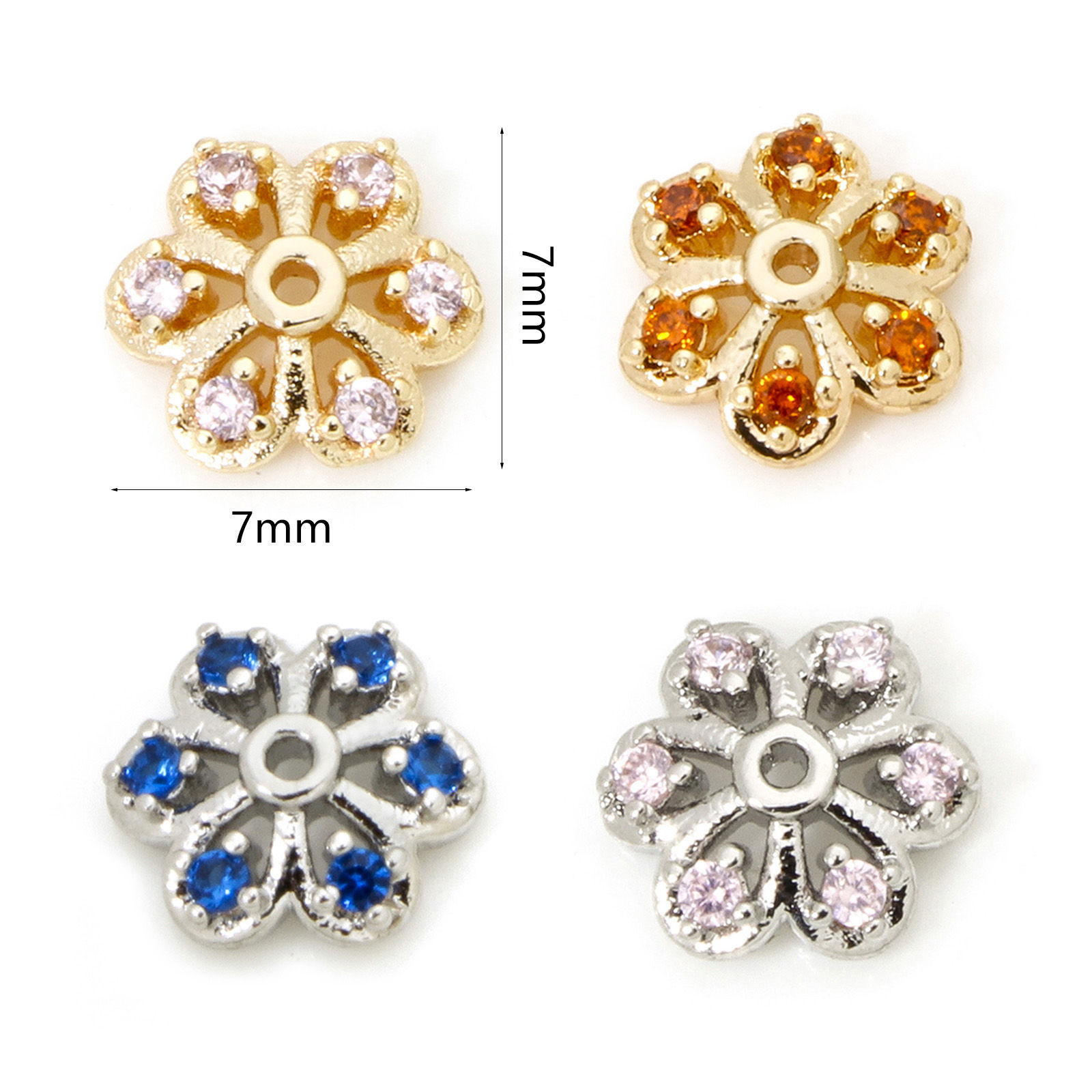 Bild von Umweltfreundlich Messing Perlkappen Blumen Echtgold plattiert Hohl Bunt Zirkonia (Passt 10mm Perle) 7mm x 7mm