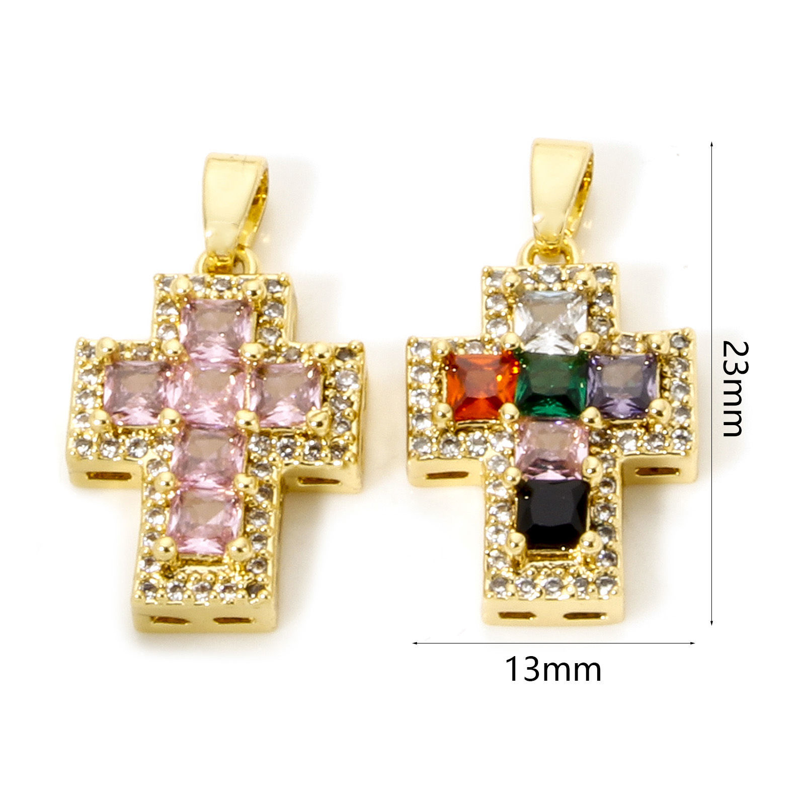 Bild von 1 Stück Messing Religiös Charm-Anhänger Echtgold plattiert Kreuz Micro Pave Bunt Strassstein Klar Kubischer Zirkon 23mm x 13mm
