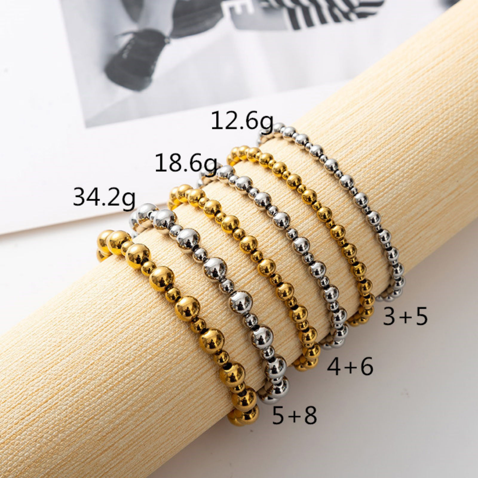 Picture of 304 Stainless Steel Dainty Bracelets Delicate Bracelets Beaded Bracelet Round Elastic 18cm(7.1") long