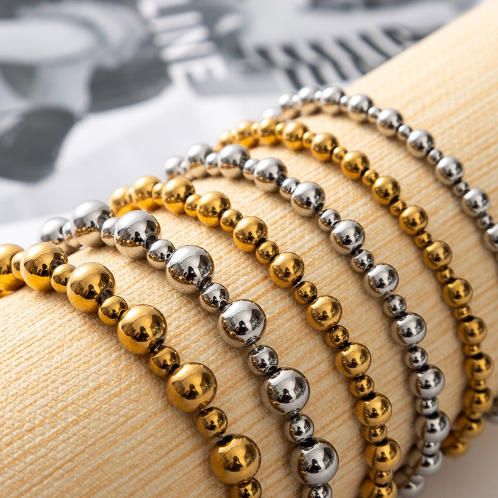 Picture of Wholesale Elastic 304 Stainless Steel Beaded Bubble Bracelets, Unisex Simple Dainty Gift Jewelry Supply, 18cm(7.1") long, 1 Piece