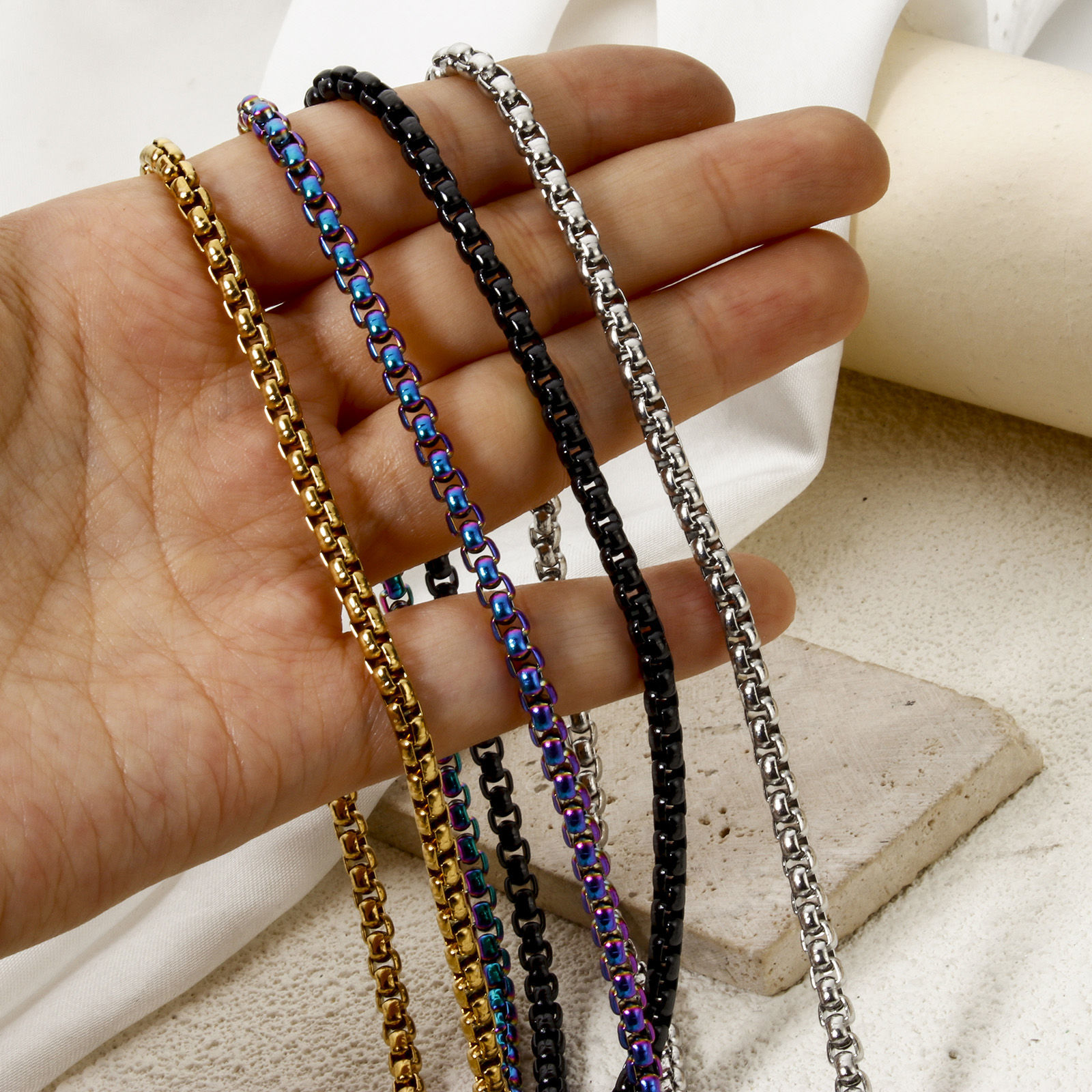 Picture of 304 Stainless Steel Box Chain Necklace For DIY Jewelry Making With Lobster Claw Clasp Chain Size: 4mm