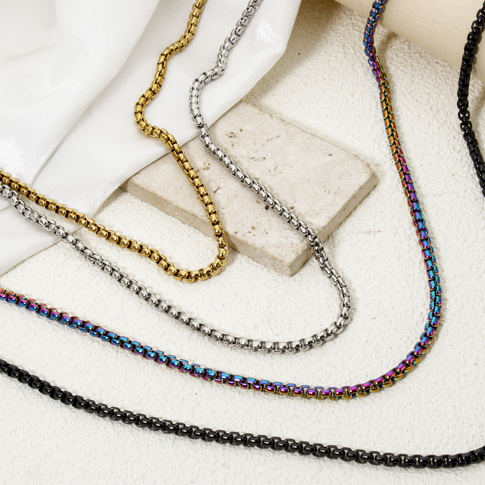 Picture of 304 Stainless Steel Box Chain Necklace For DIY Jewelry Making With Lobster Claw Clasp Chain Size: 4mm